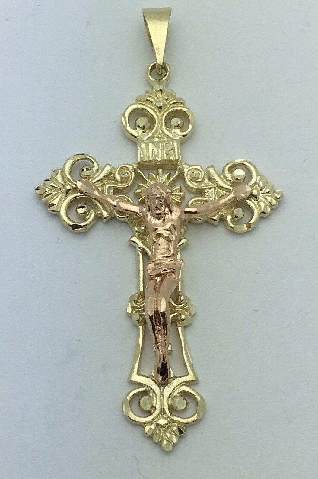 10k Two Tone Gold Jesus Christ INRI Filigree Crucifix CROSS Pendant 2.6" 9.9g