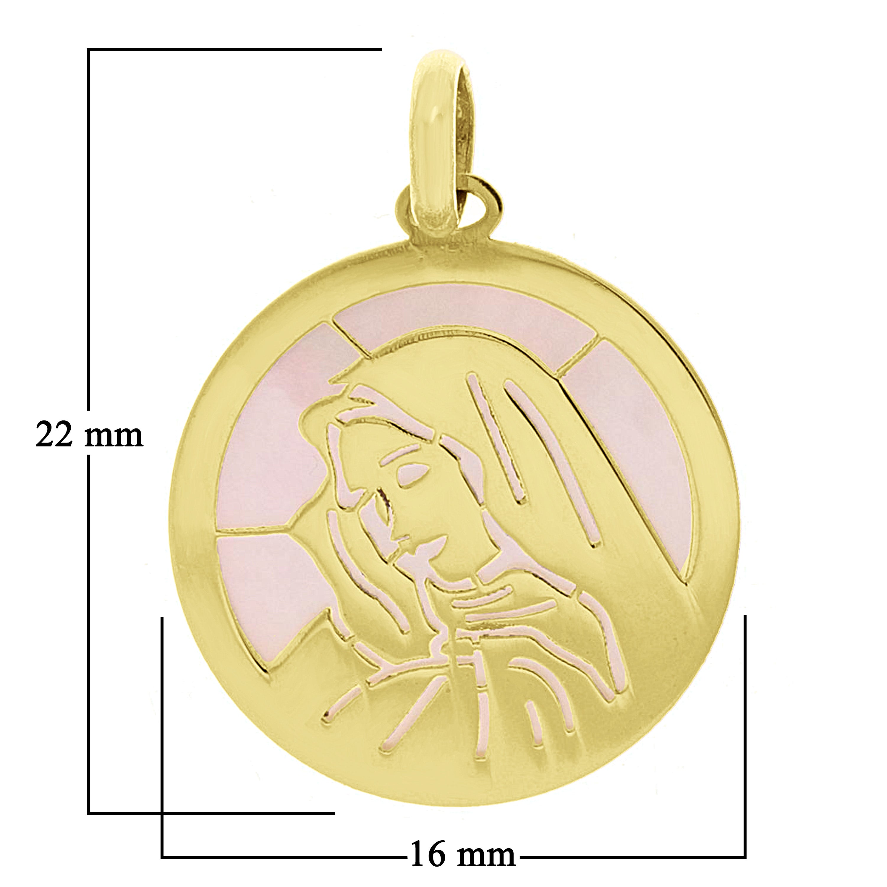 Italian 14k Yellow Gold Mother of Pearl Madonna Virgin Mary Medal Charm Pendant