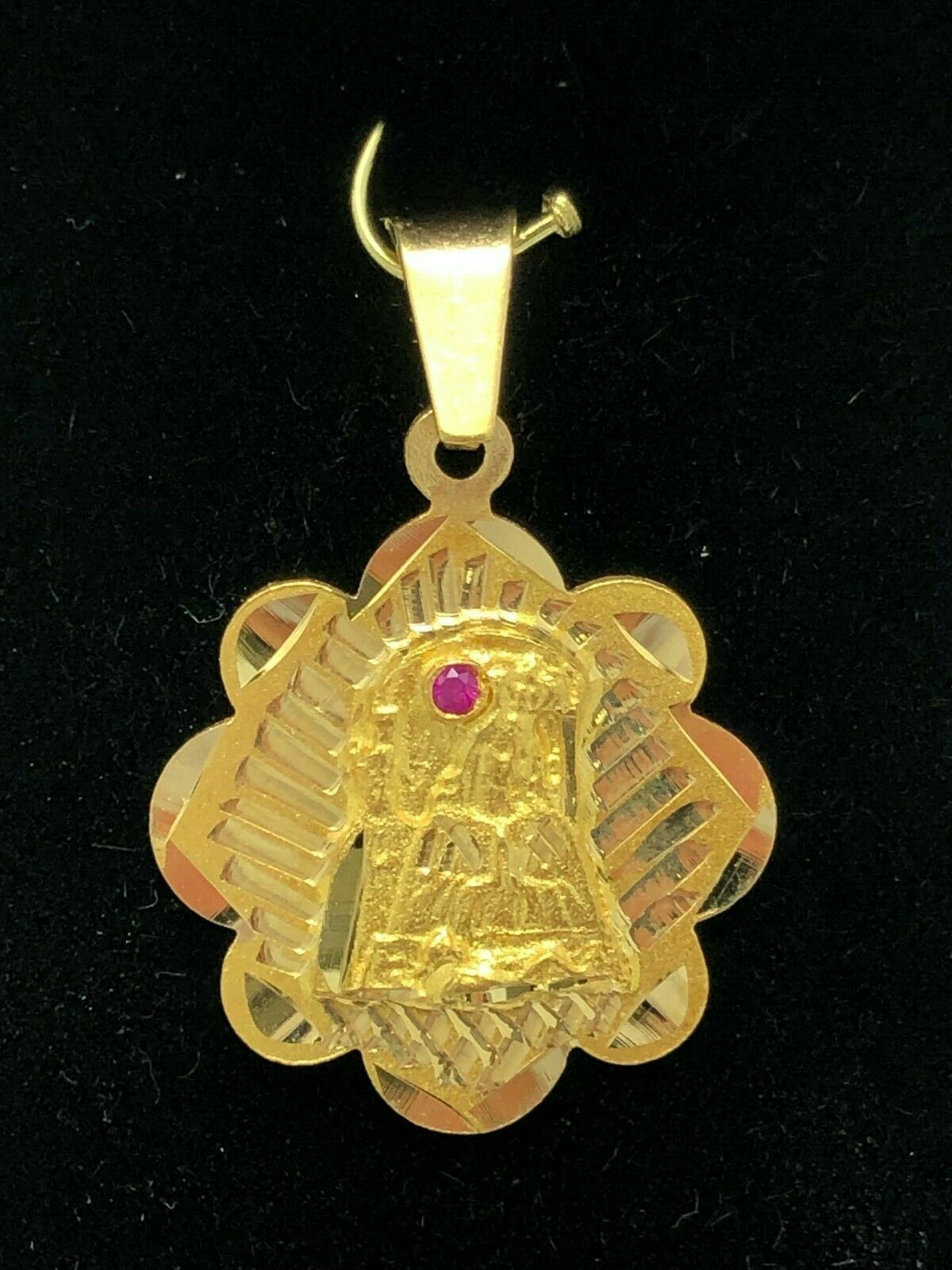 14k Yellow Gold Embossed Mother Mary Charm Pendant with Ruby Gemstone 1" 2 grams