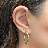 Italian 14k Yellow Gold Diagonal Snare Design Medium Hollow Hoop Earrings 1.3"