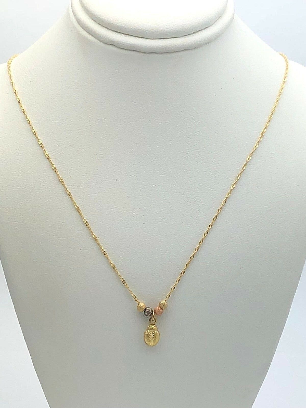 14k Tri Color Gold Ball Beads & Lady Bug Charm Pendant w/ 17" Singapore Necklace