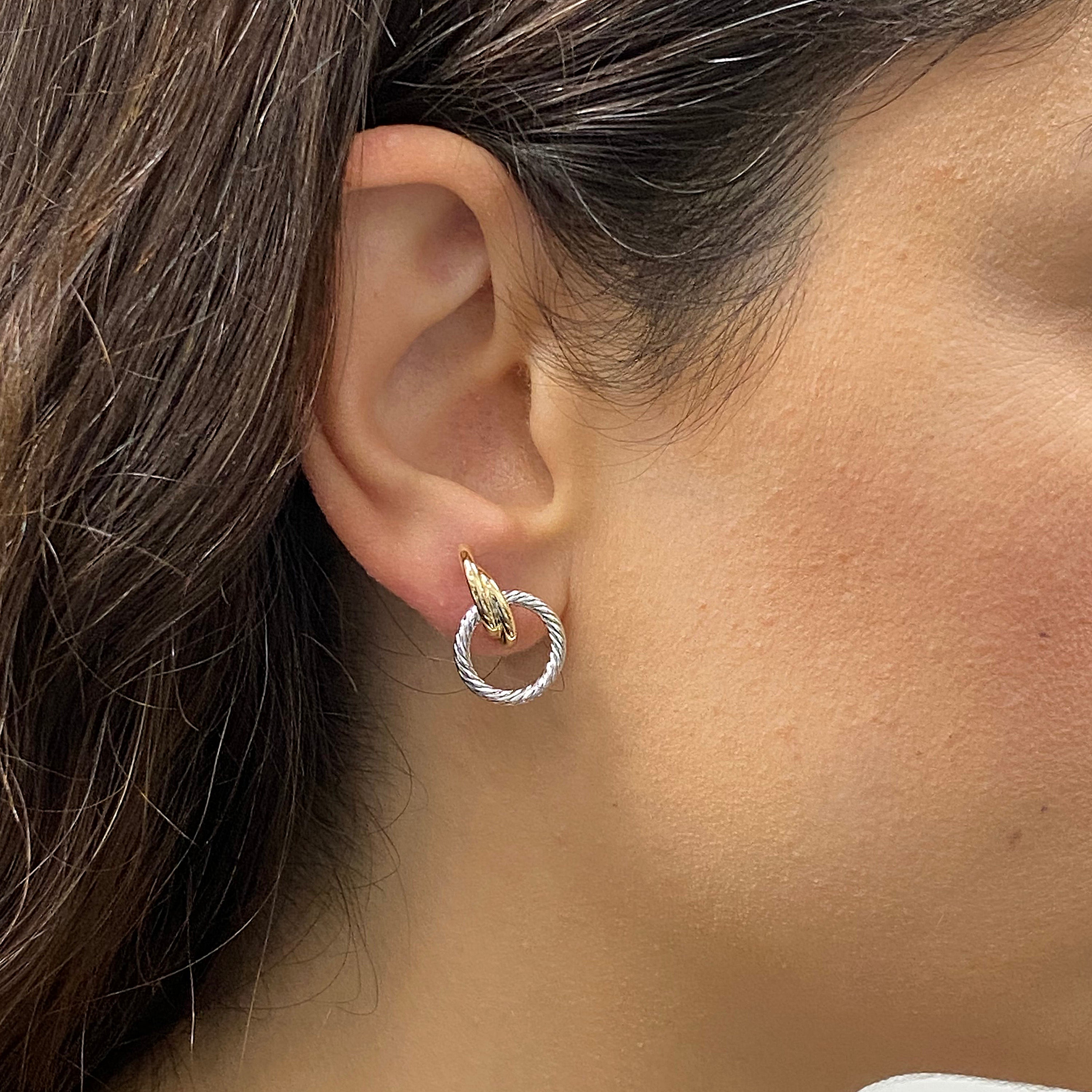 Italian 14k Yellow & White Gold Shiny Rope Eternity Circle Drop Stud Earrings - Shiny Rope Eternity