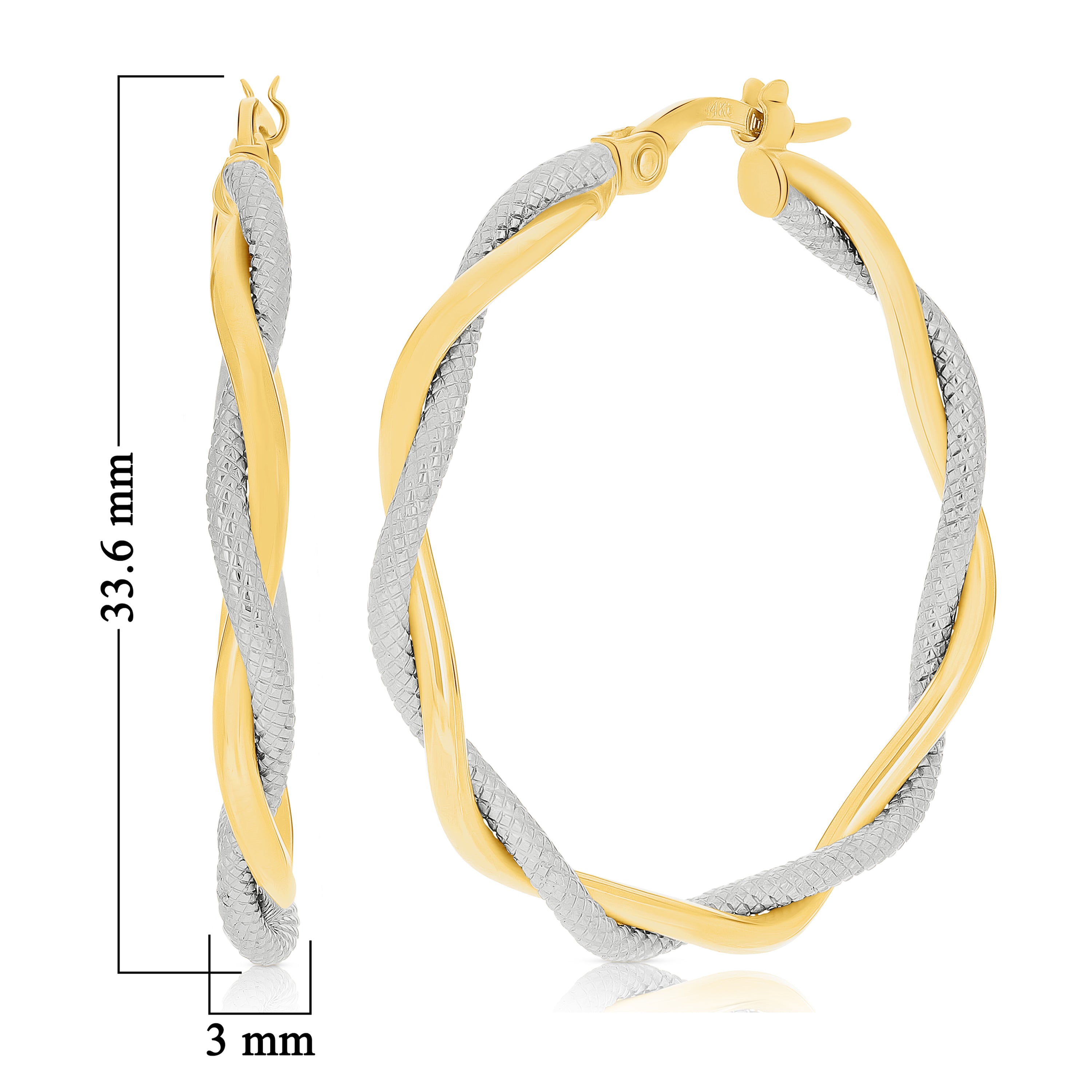Italian 14k Yellow & White Gold Lattice Design Twisted Hollow Hoop Earrings 1.3"