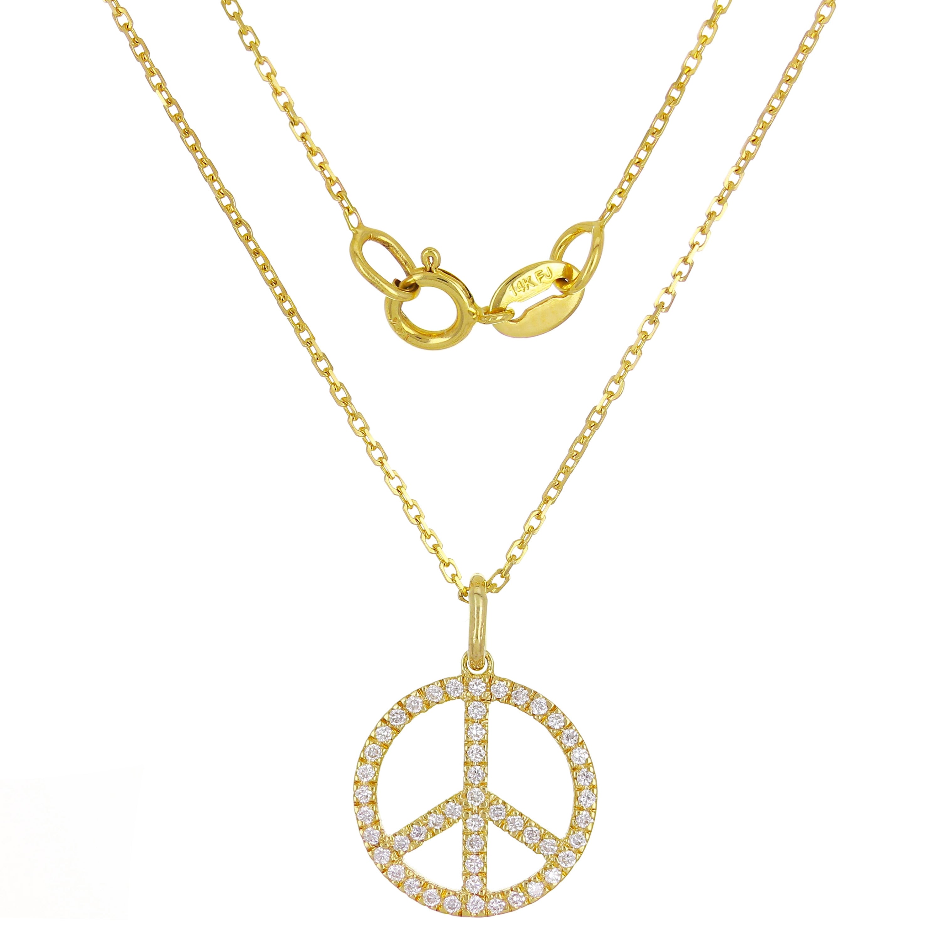 14k Yellow Gold Diamond Peace Sign Pendant Necklace 18" - Yellow