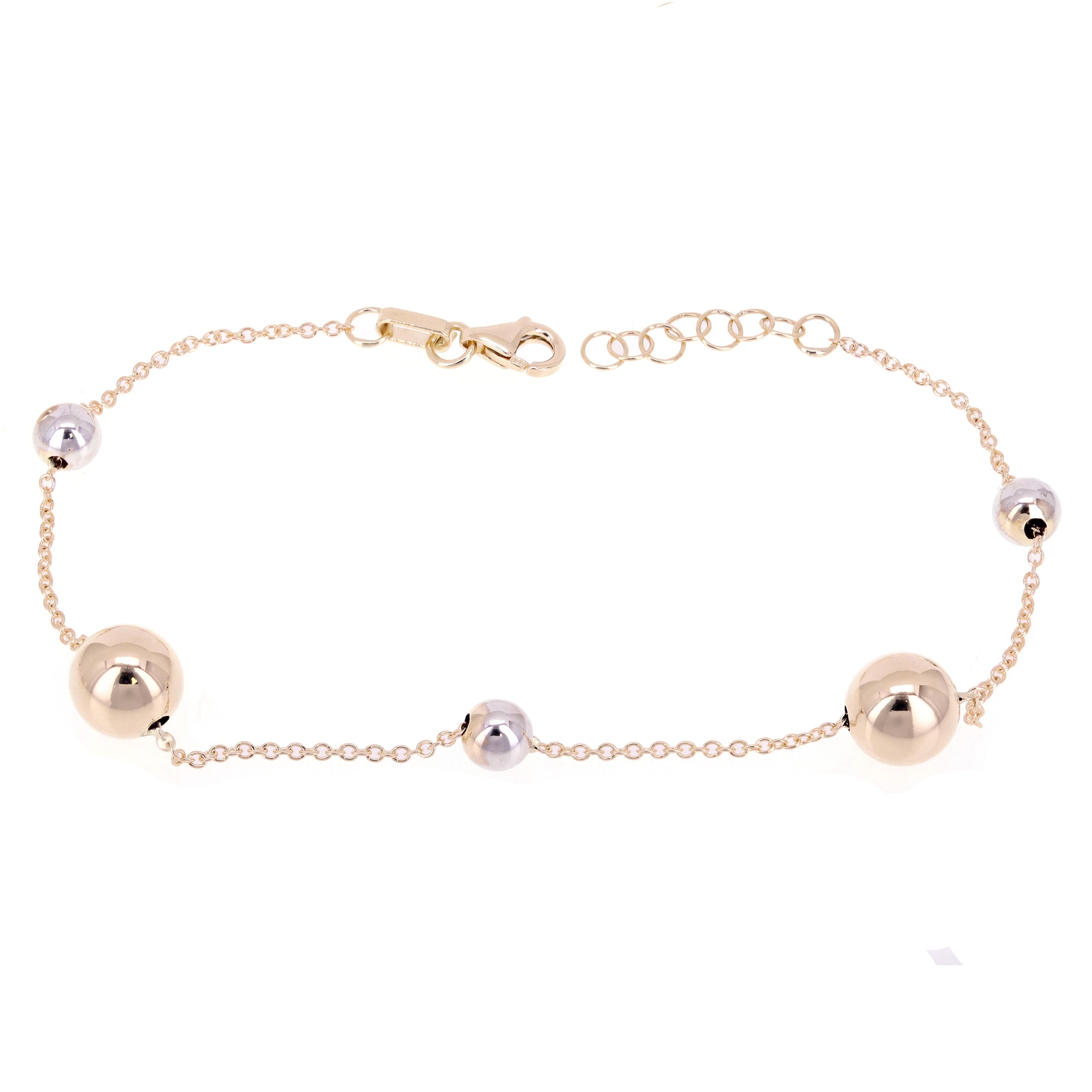 Italian 14k Yellow & White Gold Ball Bead Station Chain Bracelet 8mm 8.25" 2gram