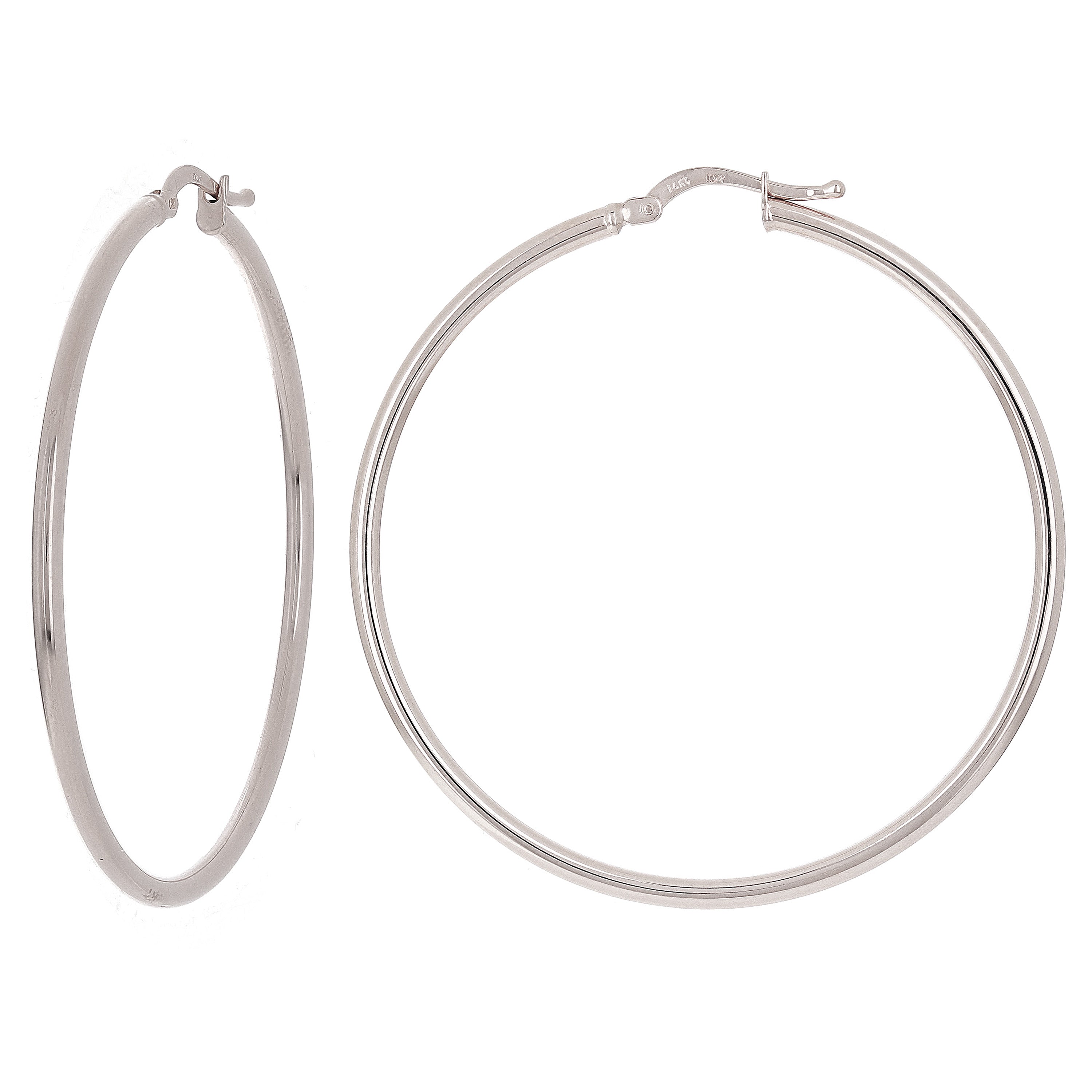 Italian 14k White Gold High Polished Plain 2mm Hollow Hoop Earrings 2" 2.9 grams - White,Size 2" 2.9 grams