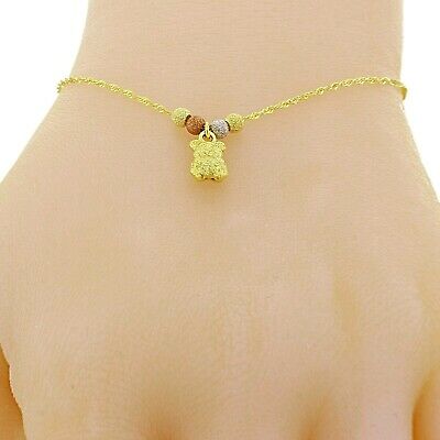 14k Tri Color Gold Ball Beads Teddy Bear Charm Bracelet Singapore Chain 7" 1.1g