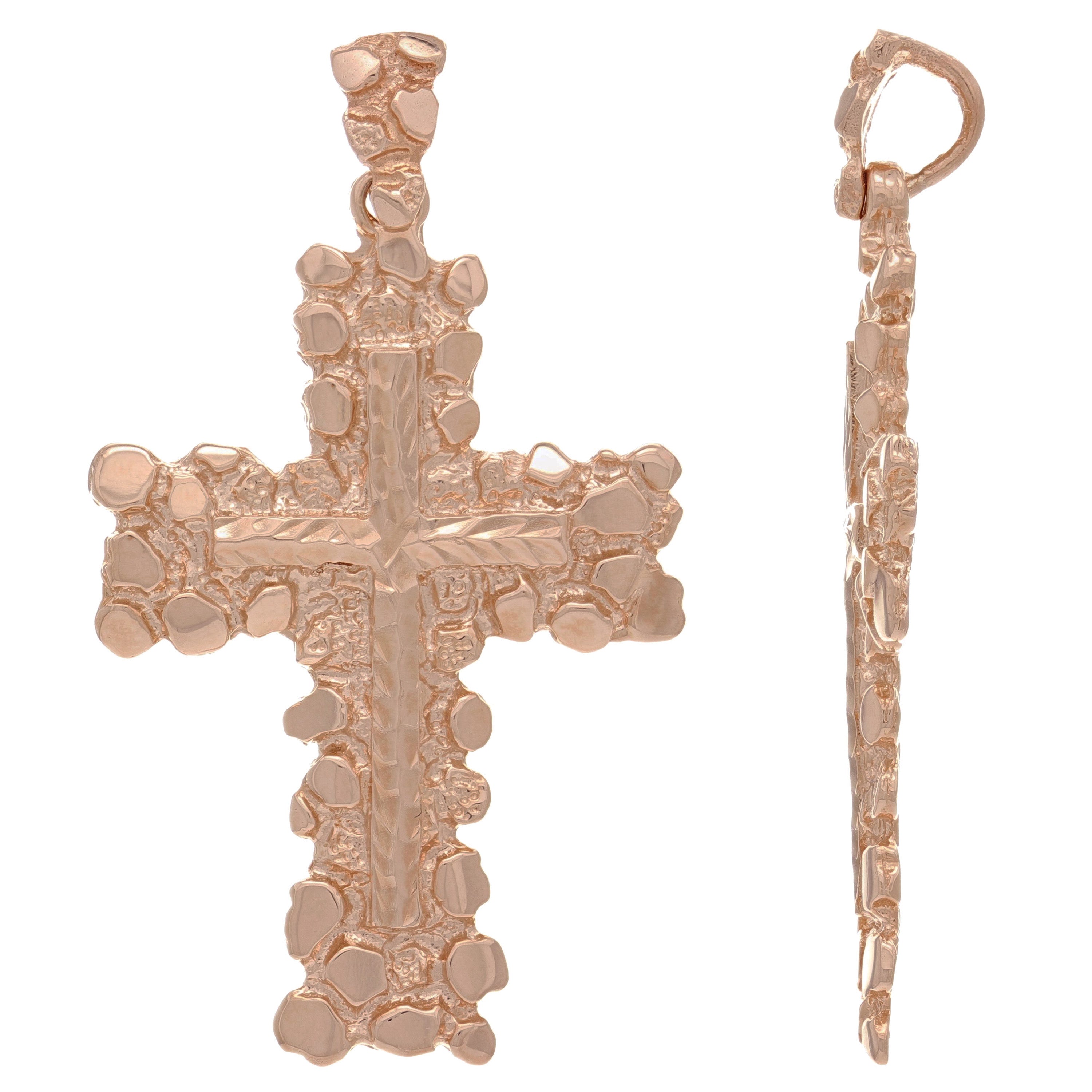 14k Rose Gold Diamond Cut Nugget Cross Pendant Religious Charm 2" 11.7 grams