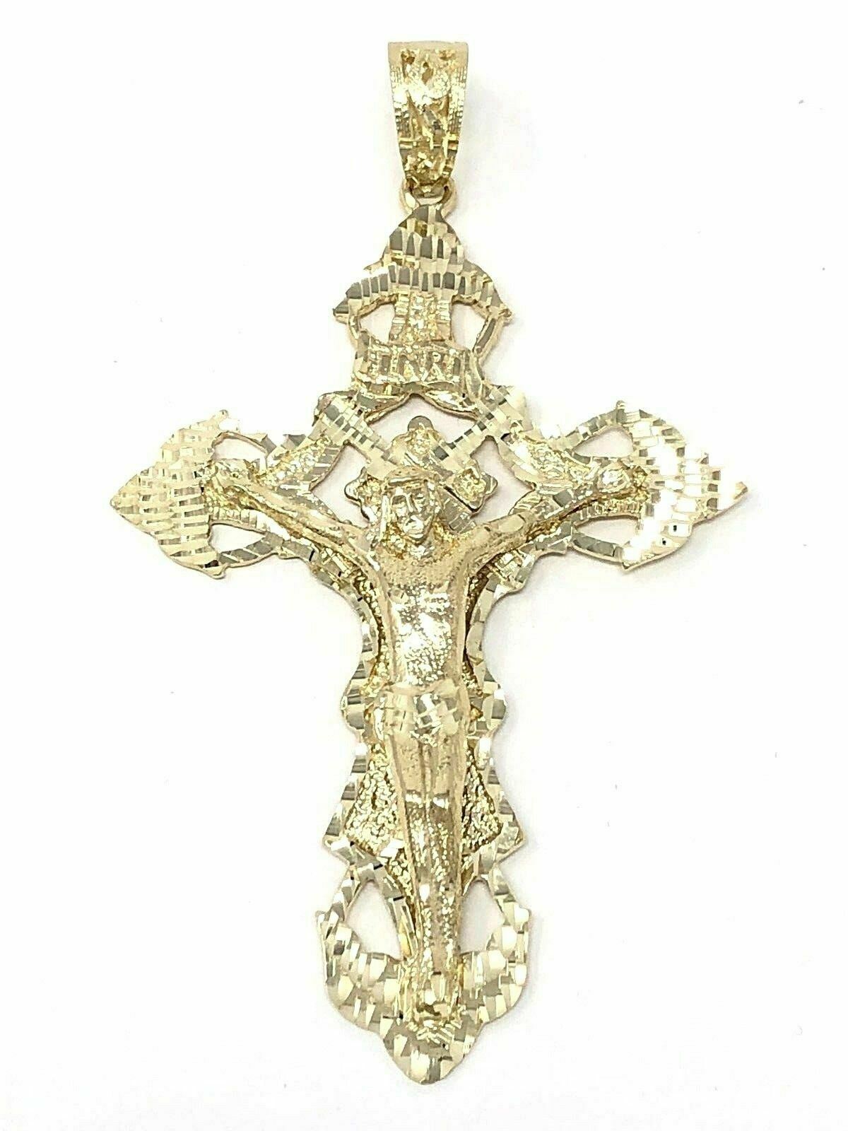 14k Yellow Gold Religious INRI Jesus Christ 3D Big Cross Pendant 4.25" 31.2grams - Yellow