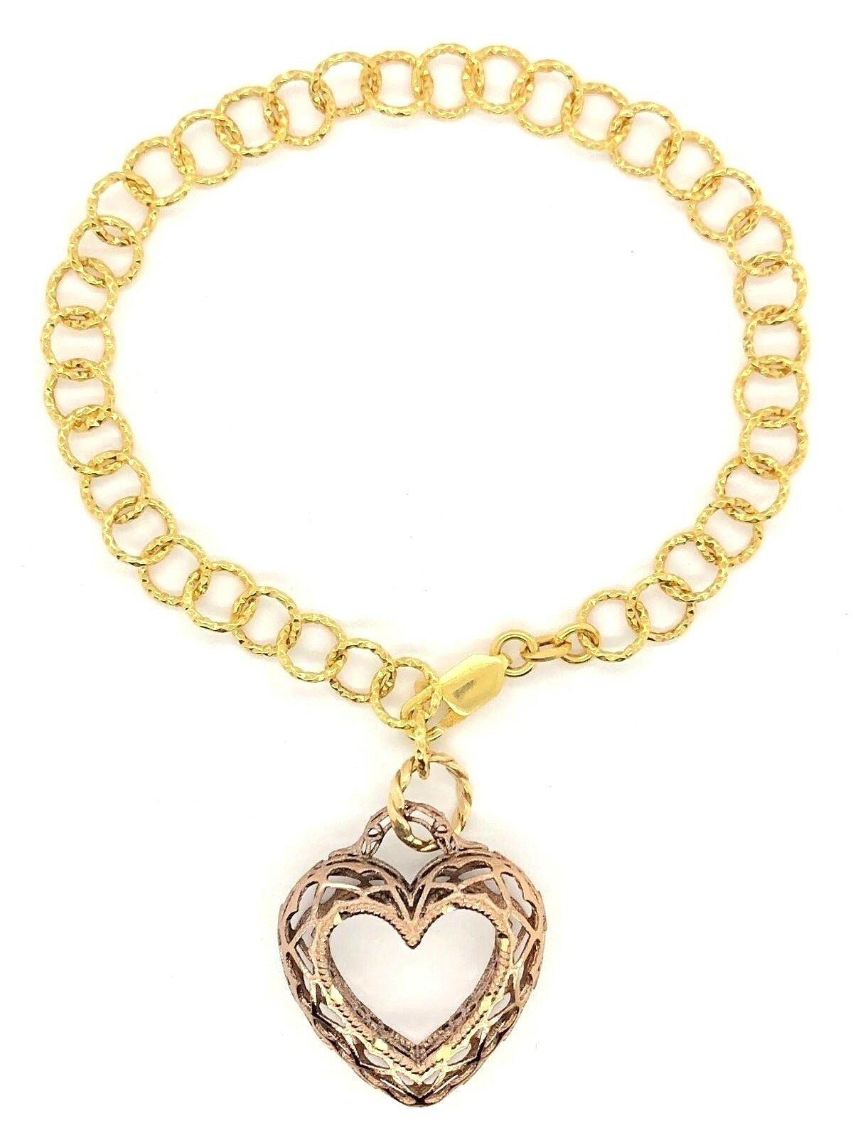 Italian 14k Two Tone Gold Filigree Heart Dangle Earrings & Bracelet Set 13.2g