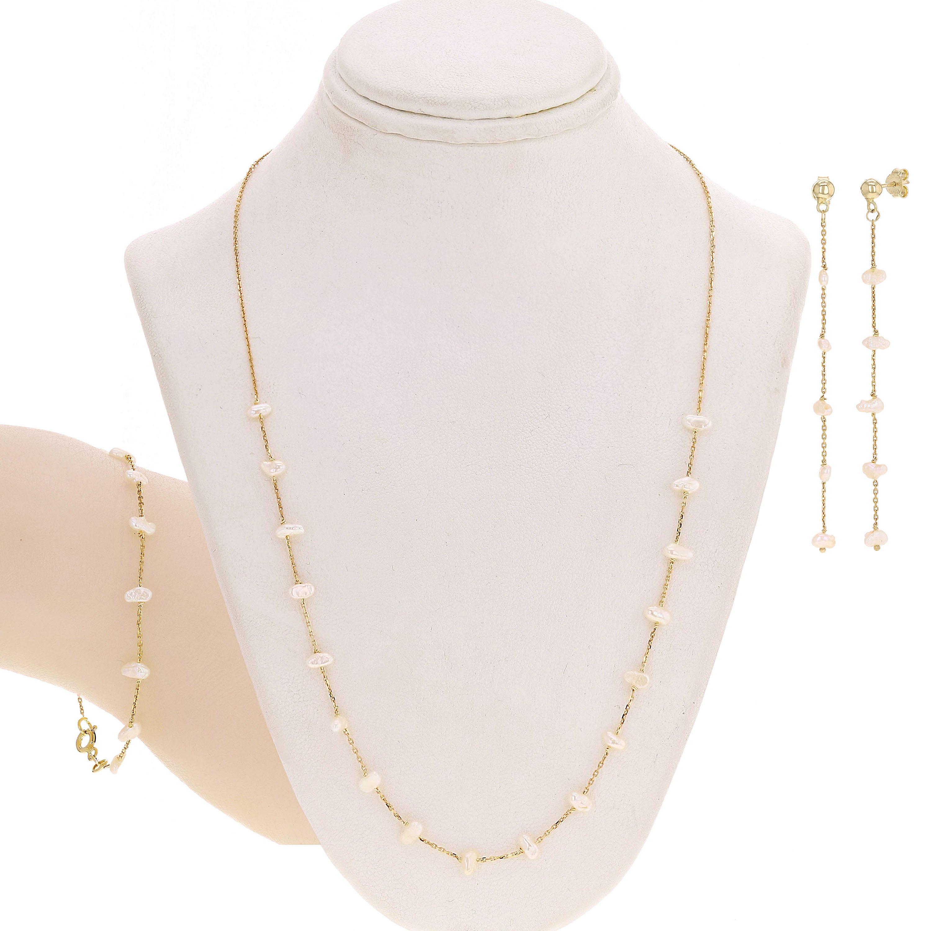 14k Yellow Gold Water Pearl Jewelry Set 17" Necklace 7" Bracelet & Earrings 2.5"