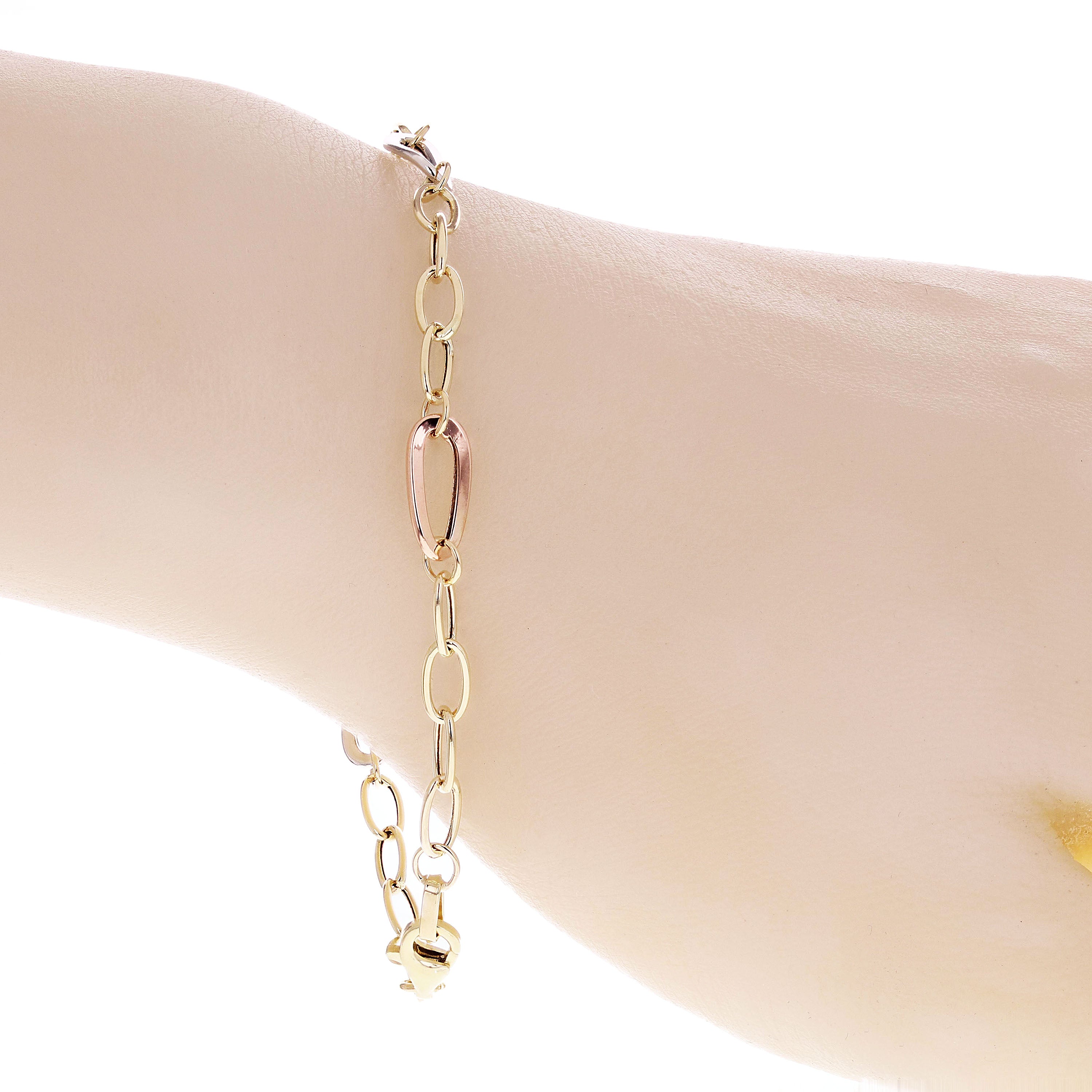 Italian 14k Tri Color Gold Hollow Oval Link Bracelet 7.5" 6mm 2.3 grams