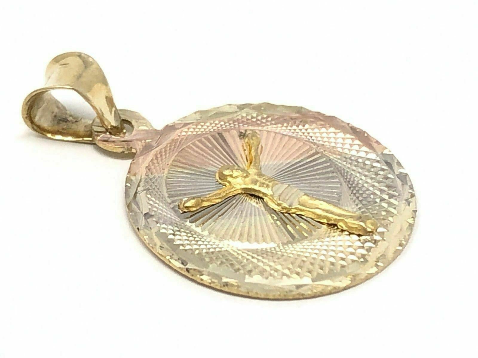 14k Tri Color Gold Cross Jesus Christ Crucifix Medal Charm Pendant 23.6mm 1.3g
