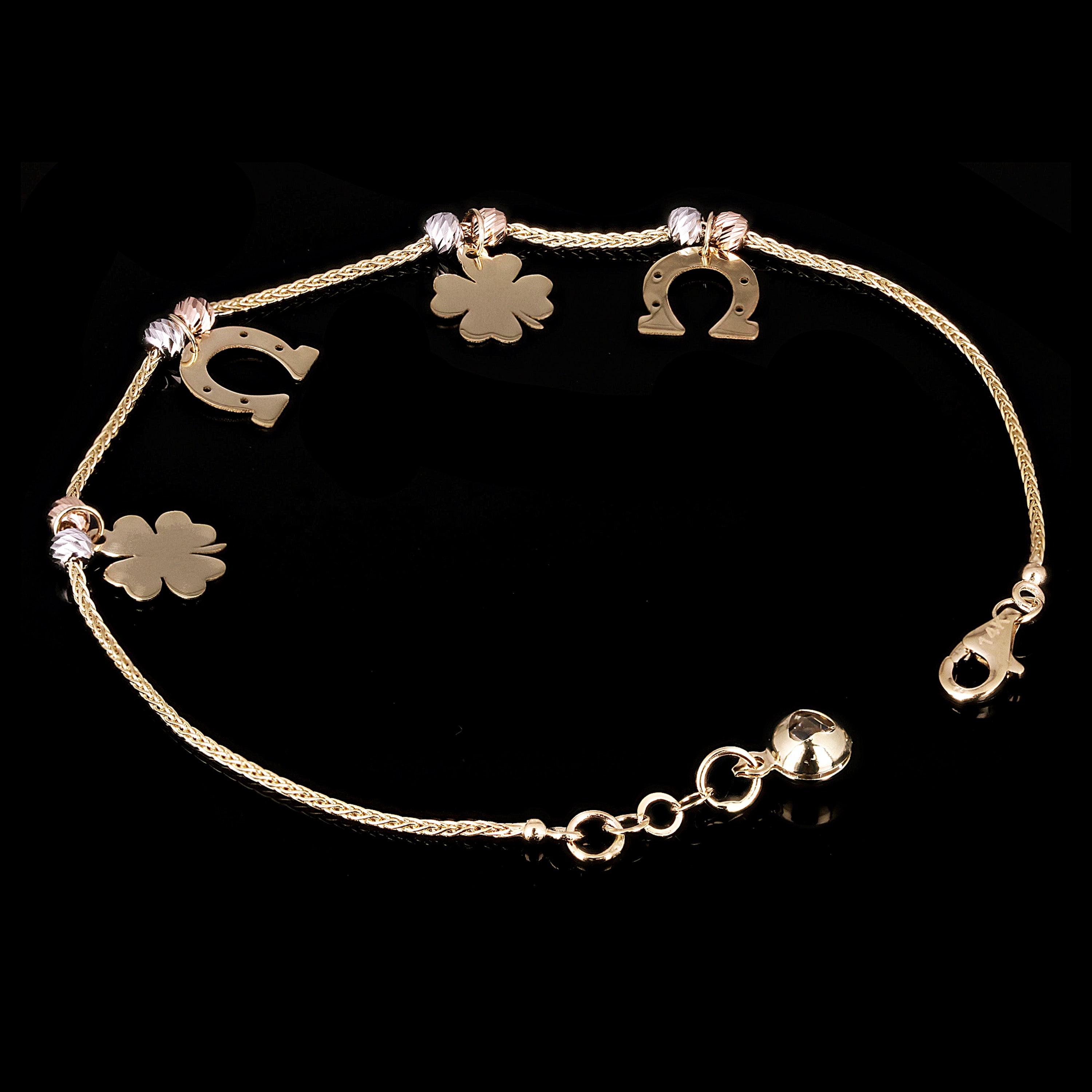 Italian 14k Tri Color Gold Four Leaf Clover & Horse Shoe Charm Bracelet 7" 3g