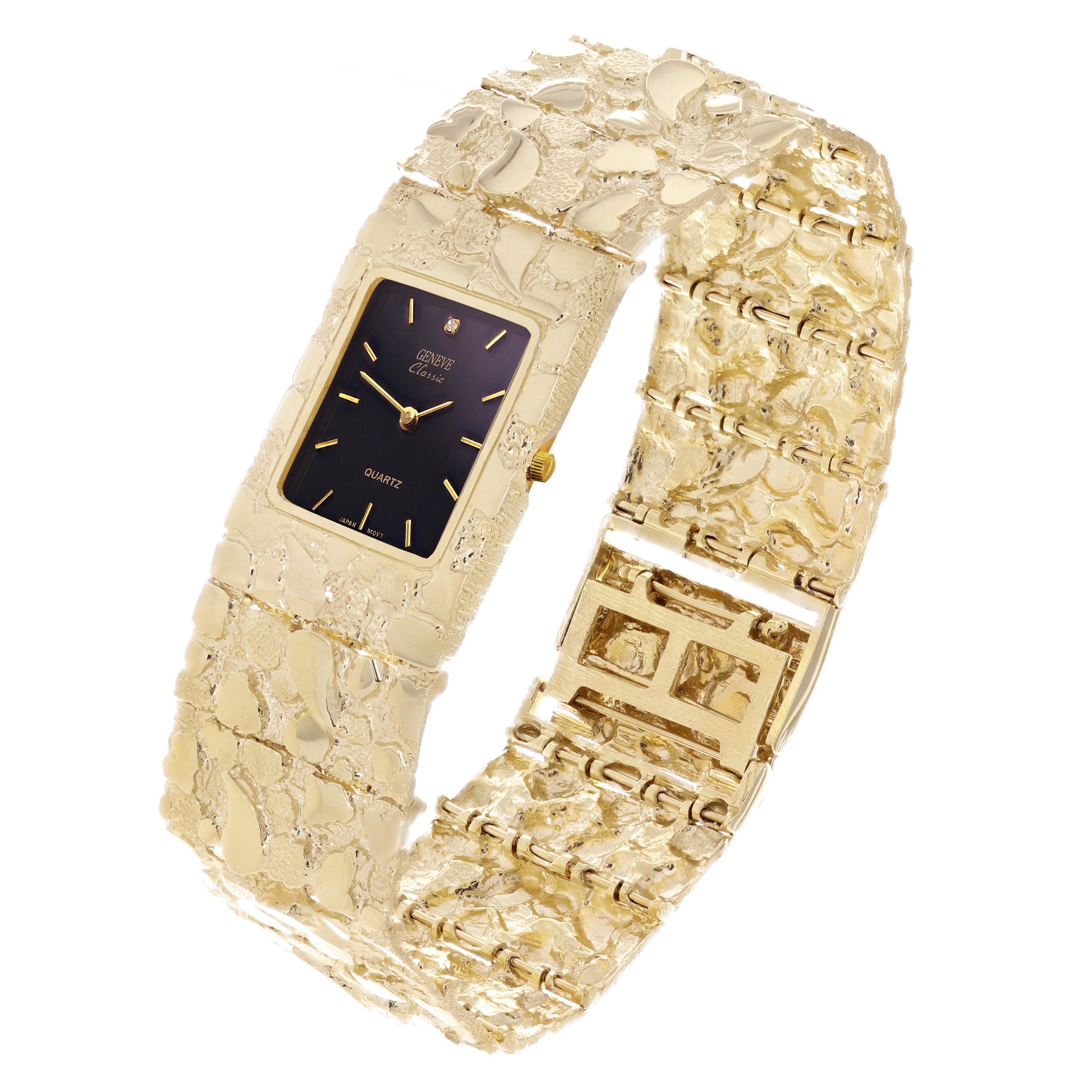 10k Yellow Gold Solid Chunky Nugget Wrist Watch Geneve Diamond Watch 7.5" 85.8 grams - Black 7.5" 85.8 grams