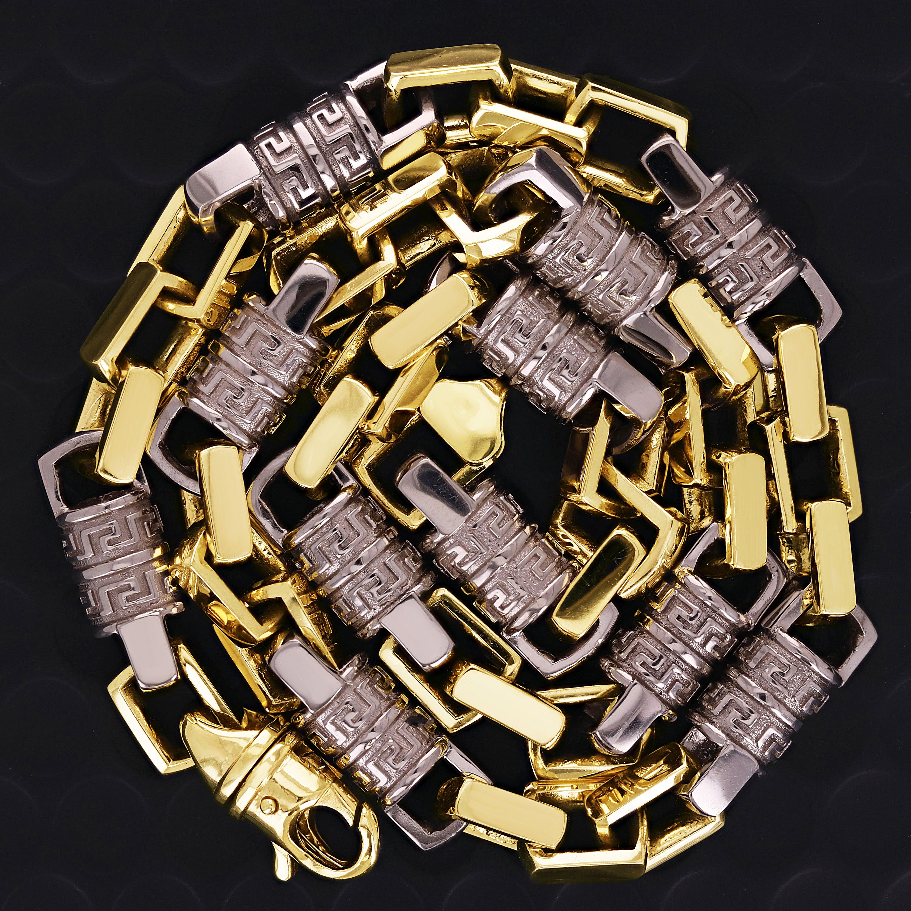 10k Two Tone Gold Solid Handmade Greek Key Link Necklace 11mm 24" 245.1 grams - 24" 245.1 grams