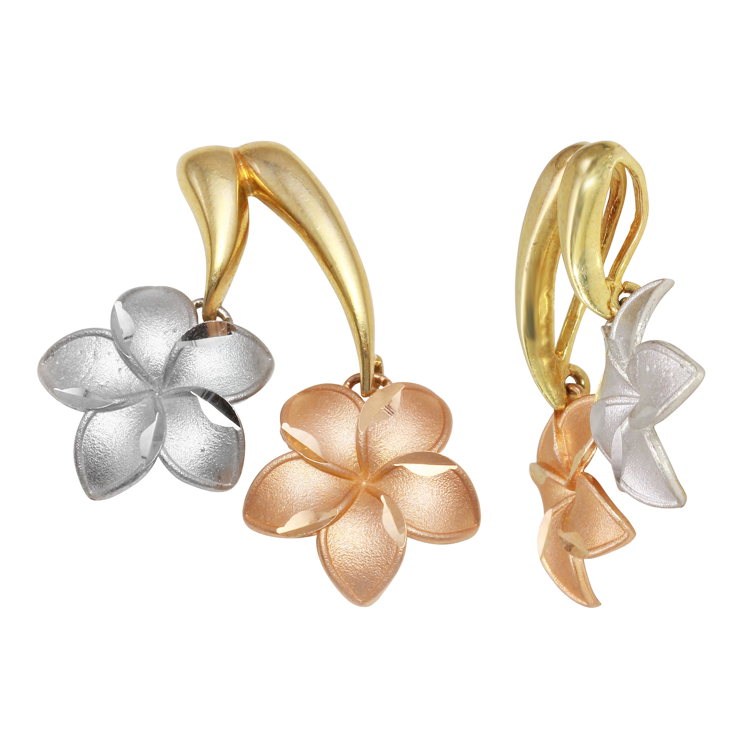 14k Tri Color Gold Solid Hawaiian Hanging Plumeria Flower Pendant 3.2 grams