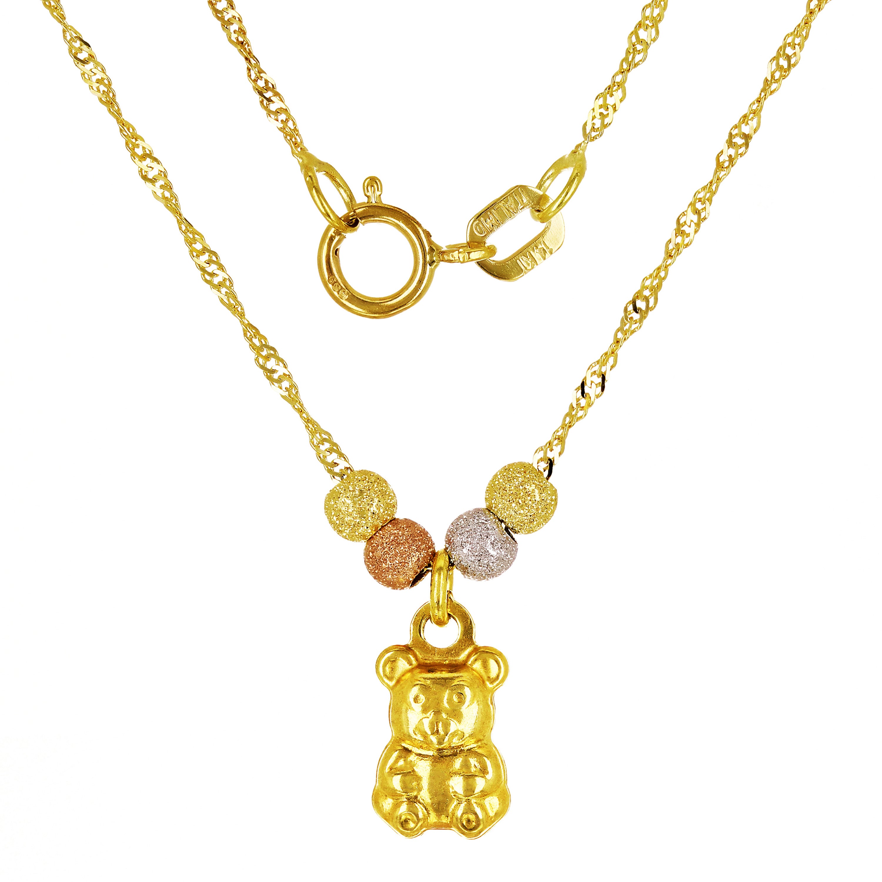 14k Tri Color Gold Ball Beads Elephant Charm Singapore Chain Necklace 17" - Elephant Sand Finish