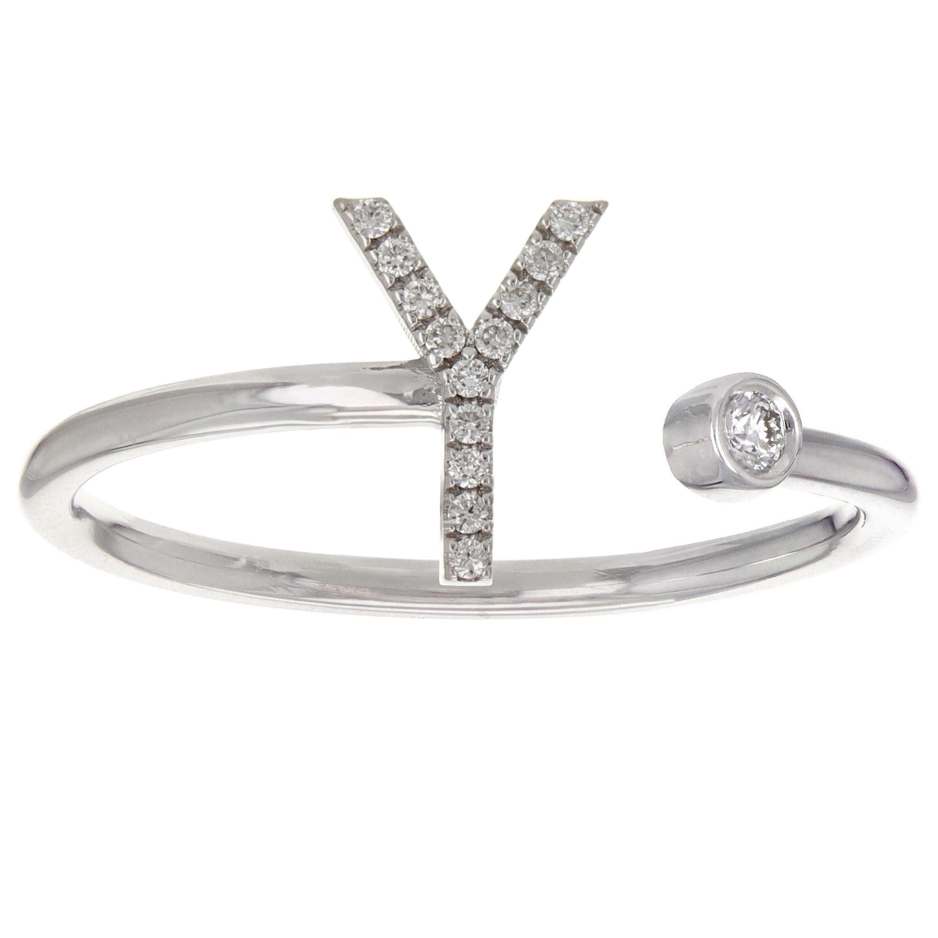 14k White Gold Diamond Initial Letter Y Ring Size 6 - Letter Y,White