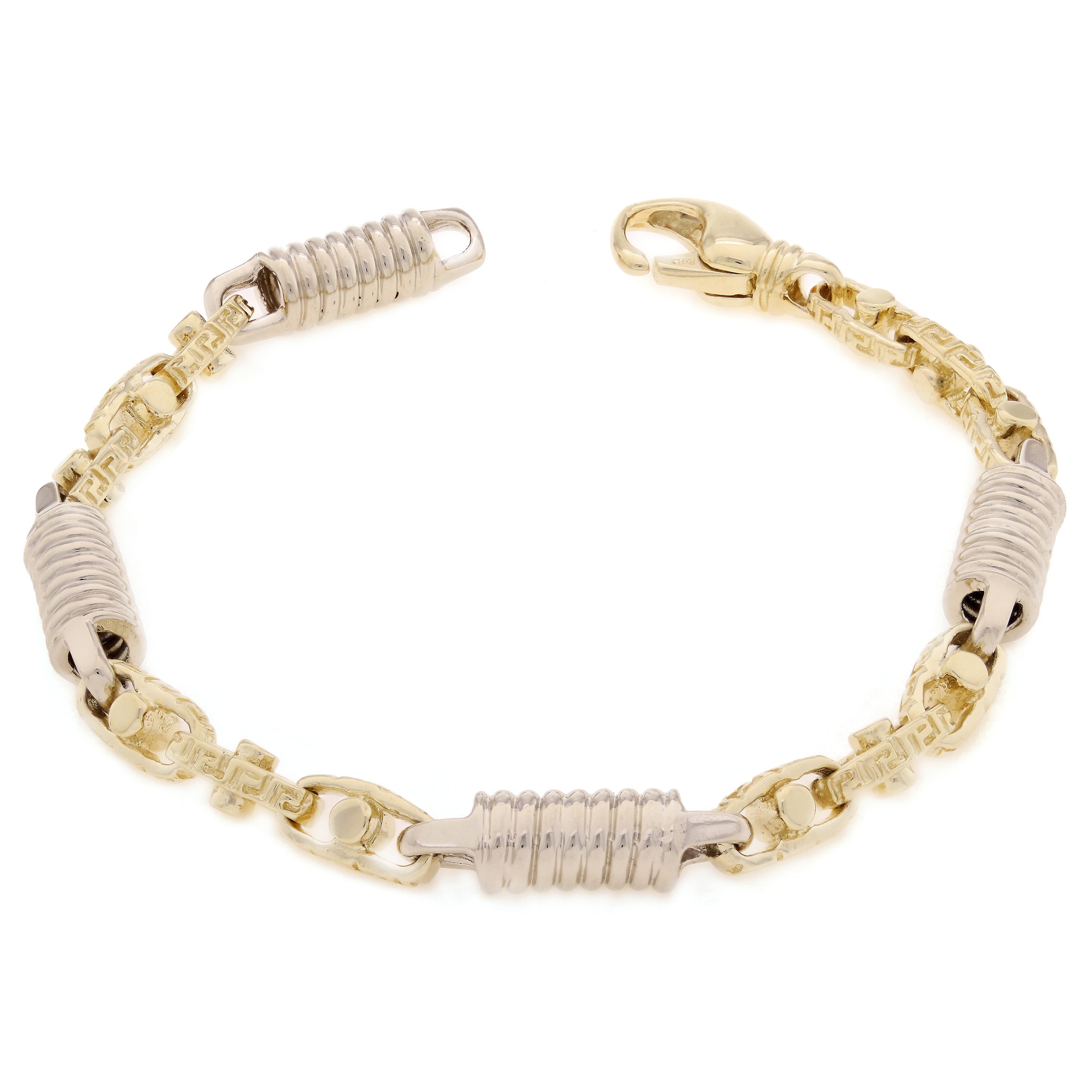 10k Two Tone Gold Handmade Spring Barrell & Greek Link Bracelet 7" 7mm 22.5 gram