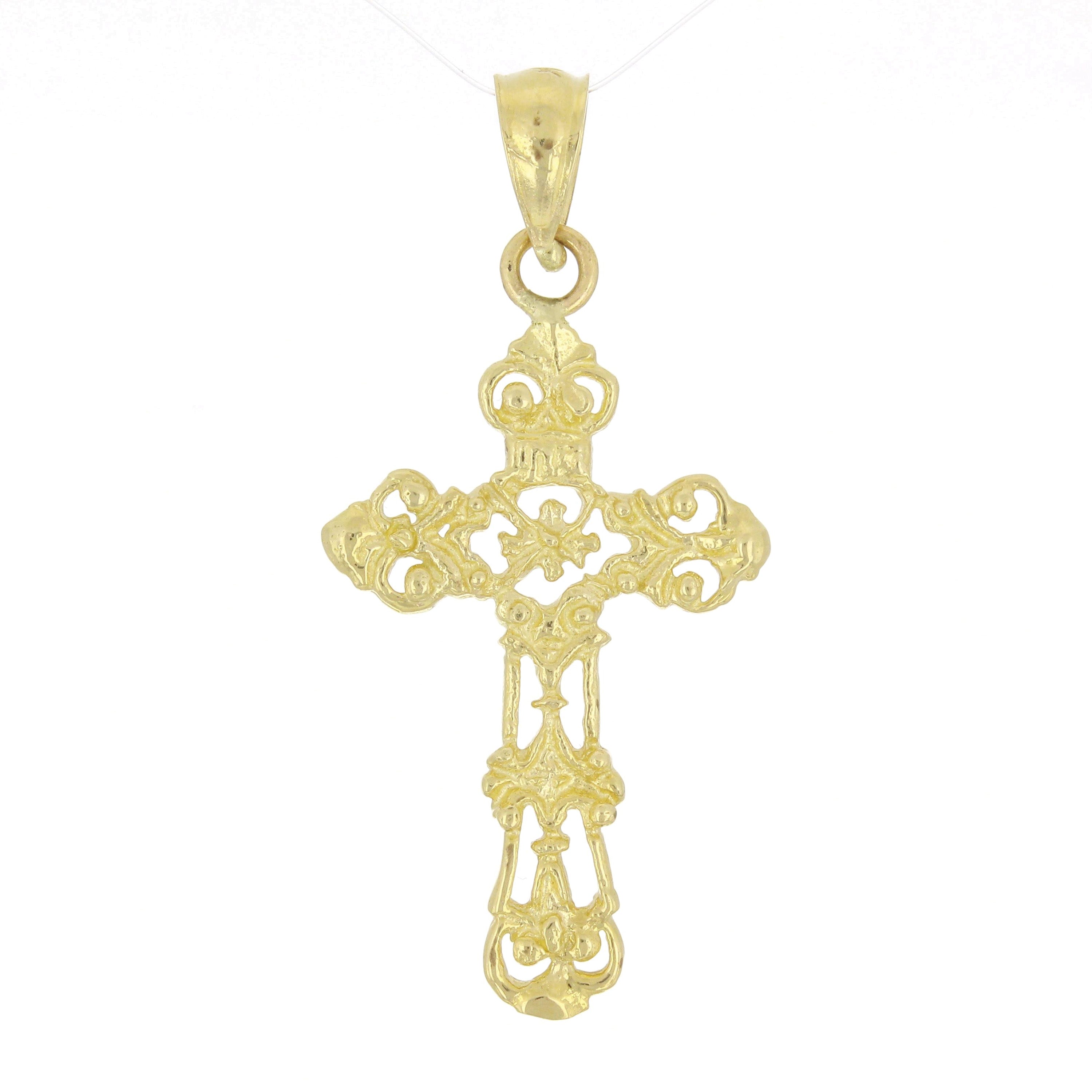 14k Yellow Gold Solid Cross INRI Filigree Religious Charm Pendant 1.3" 3 grams - Yellow