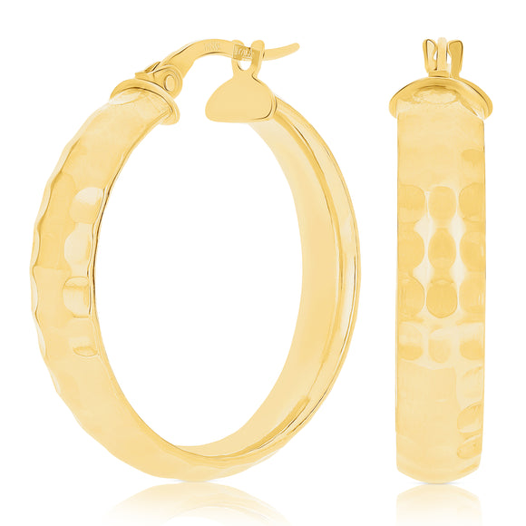 Italian 14k Yellow Gold Polished Hammered Flat Medium Hoop Earrings