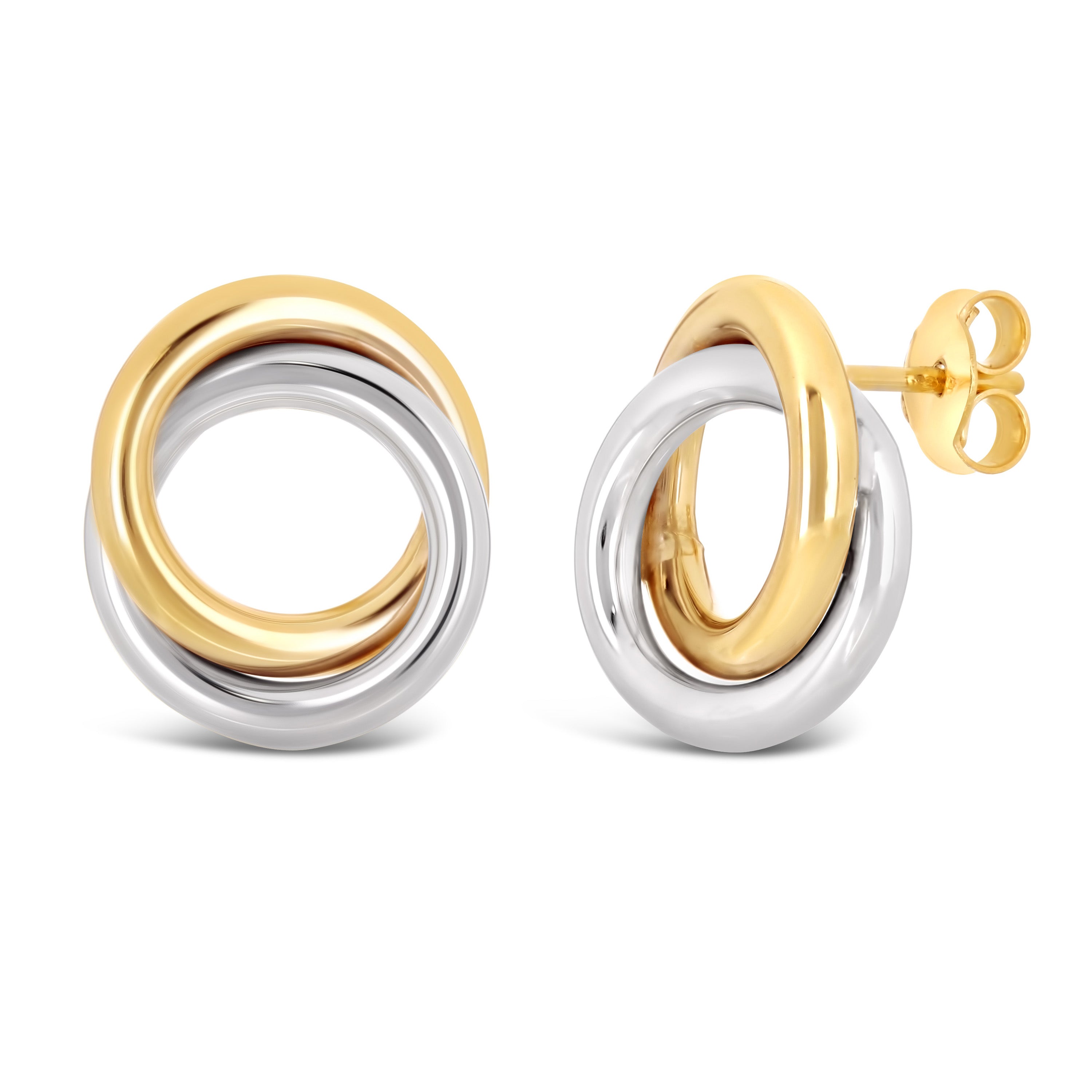 Italian 14k Yellow & White Gold High Shine Double Eternity Circle Stud Earrings - Yellow & White