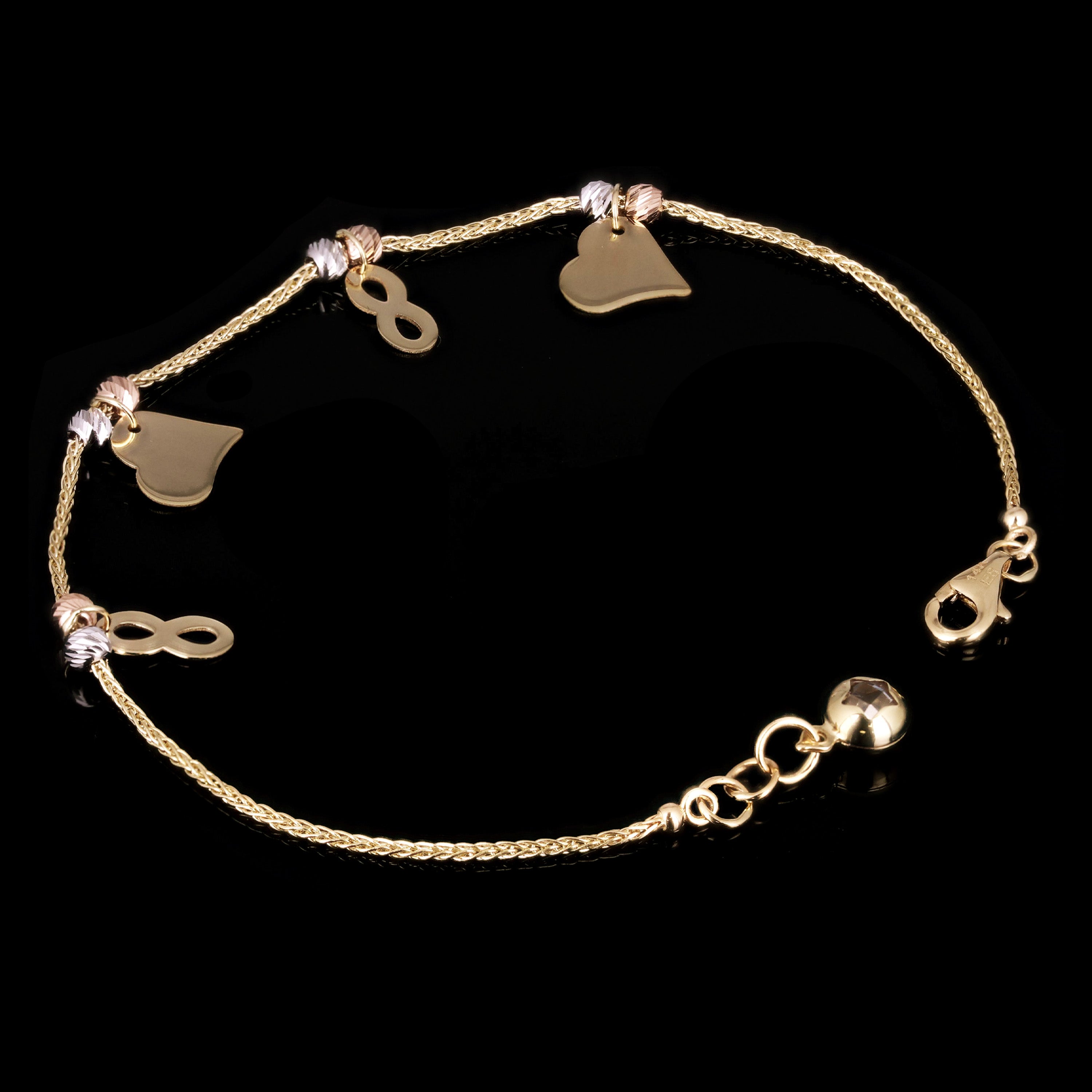 Italian 14k Tri Color Gold Heart & Infinity Charm Bracelet 7" 2.8 grams