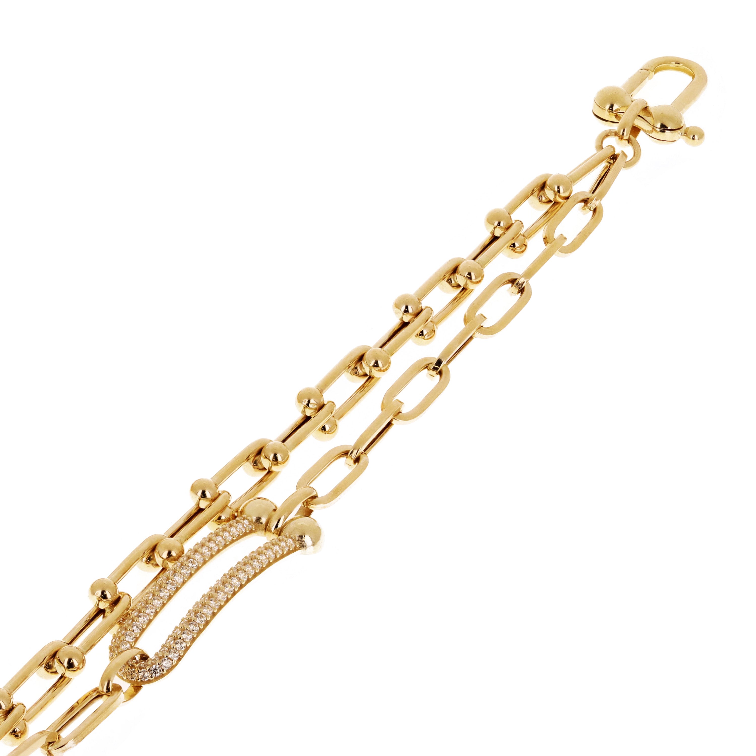 Italian 14k Yellow Gold Double U Shape Hardwear Link Bracelet with CZ 8" 12.4g - 8" 12.4 grams
