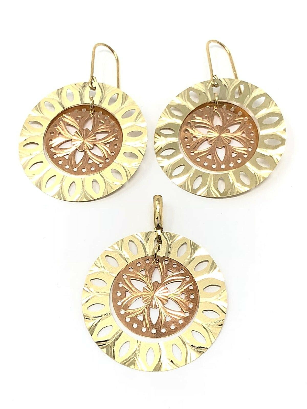 Italian 14k Two Tone Gold Flower Round Disc Earrings & Pendant Set 5.8g