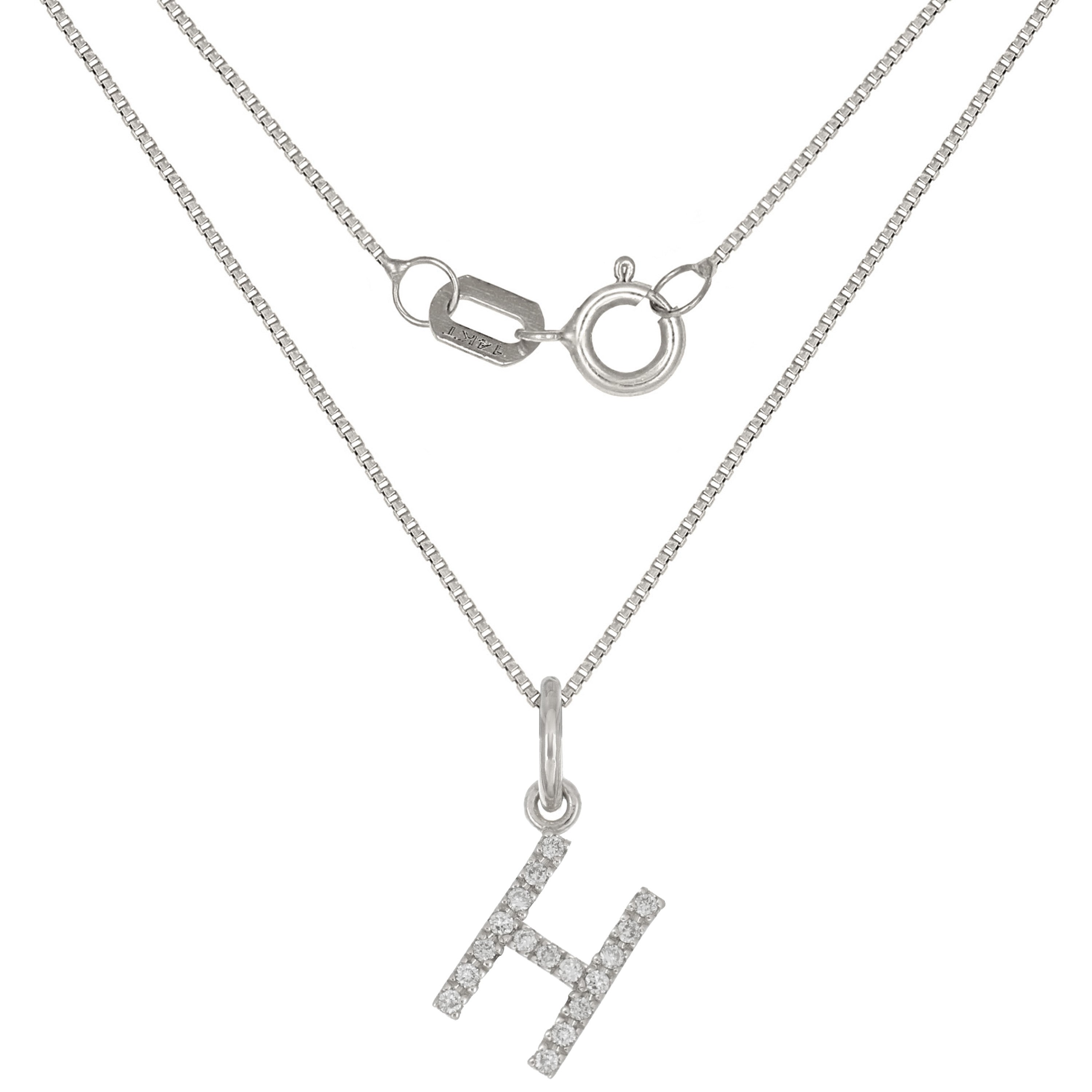 14k White Gold Diamond Initial Letter H Charm Pendant Necklace 18" - Letter H,White