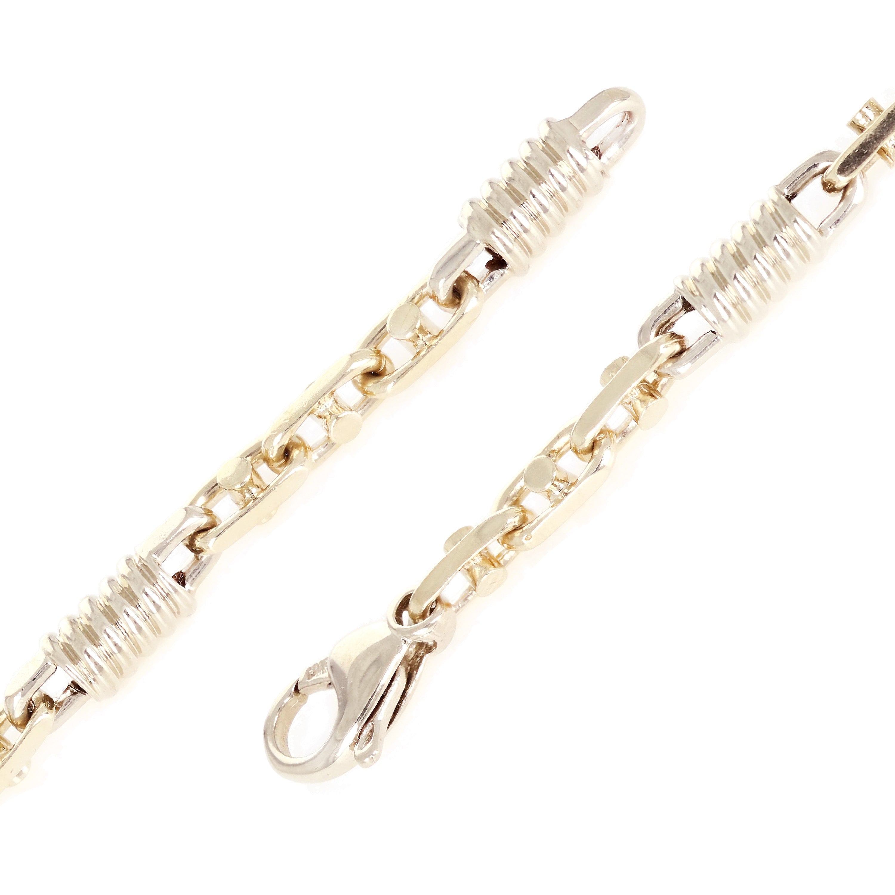 14k Yellow & White Gold Handmade Spring Barrel Link Bracelet 8" 7mm 25.8 grams