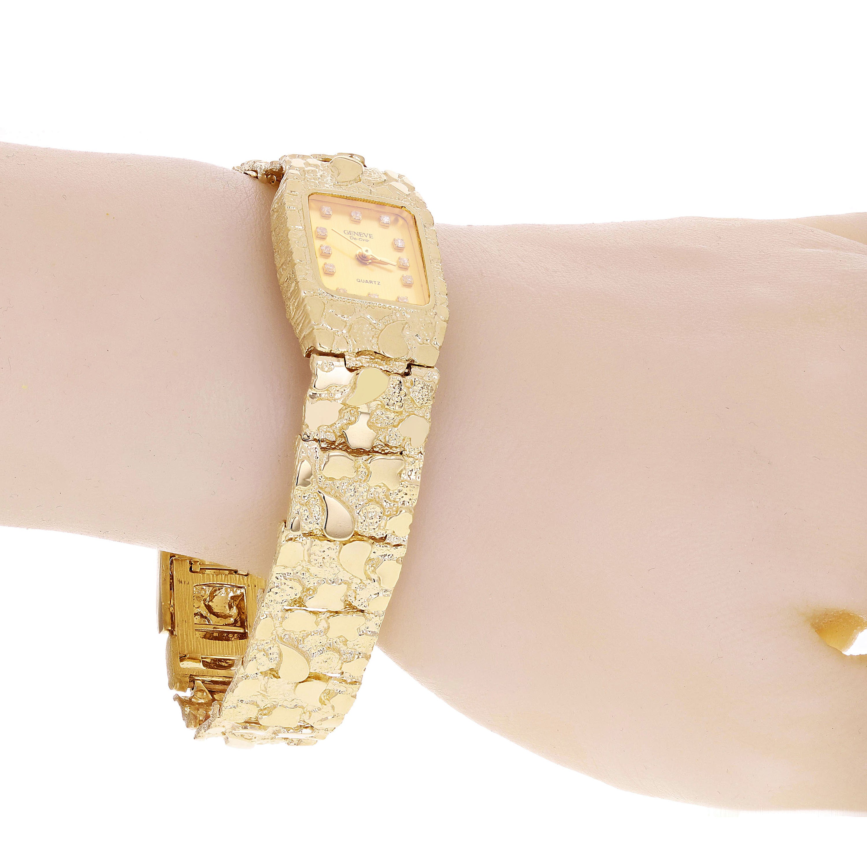 Women's 10k Yellow Gold Nugget Link Bracelet Geneve Watch with Diamonds 6.5-7" - Gold Faceplate 7" 37.4 grams