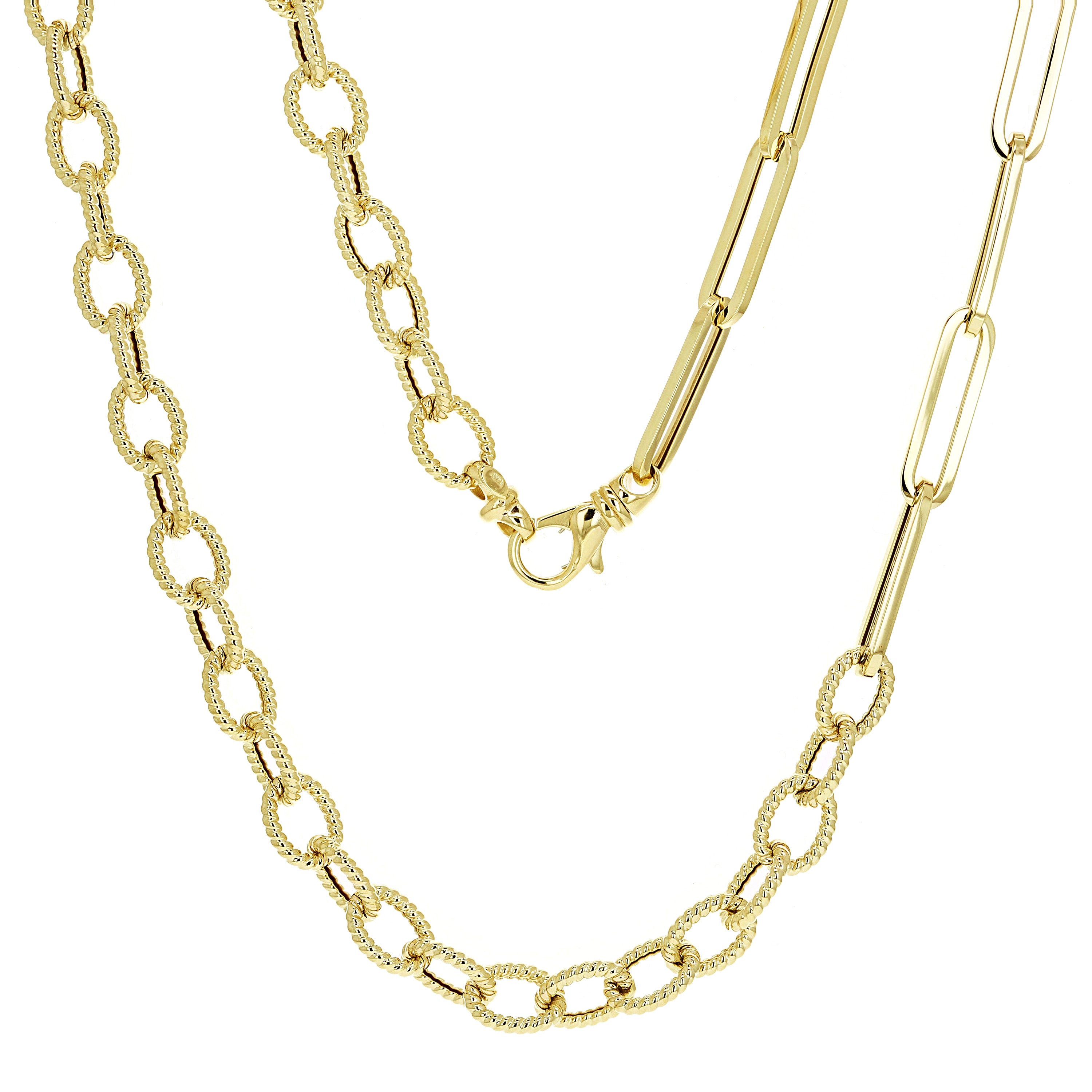 Italian 14k Yellow Gold Twist Oval & Paper Clip Link Chain Necklace 18" 14.7 grams