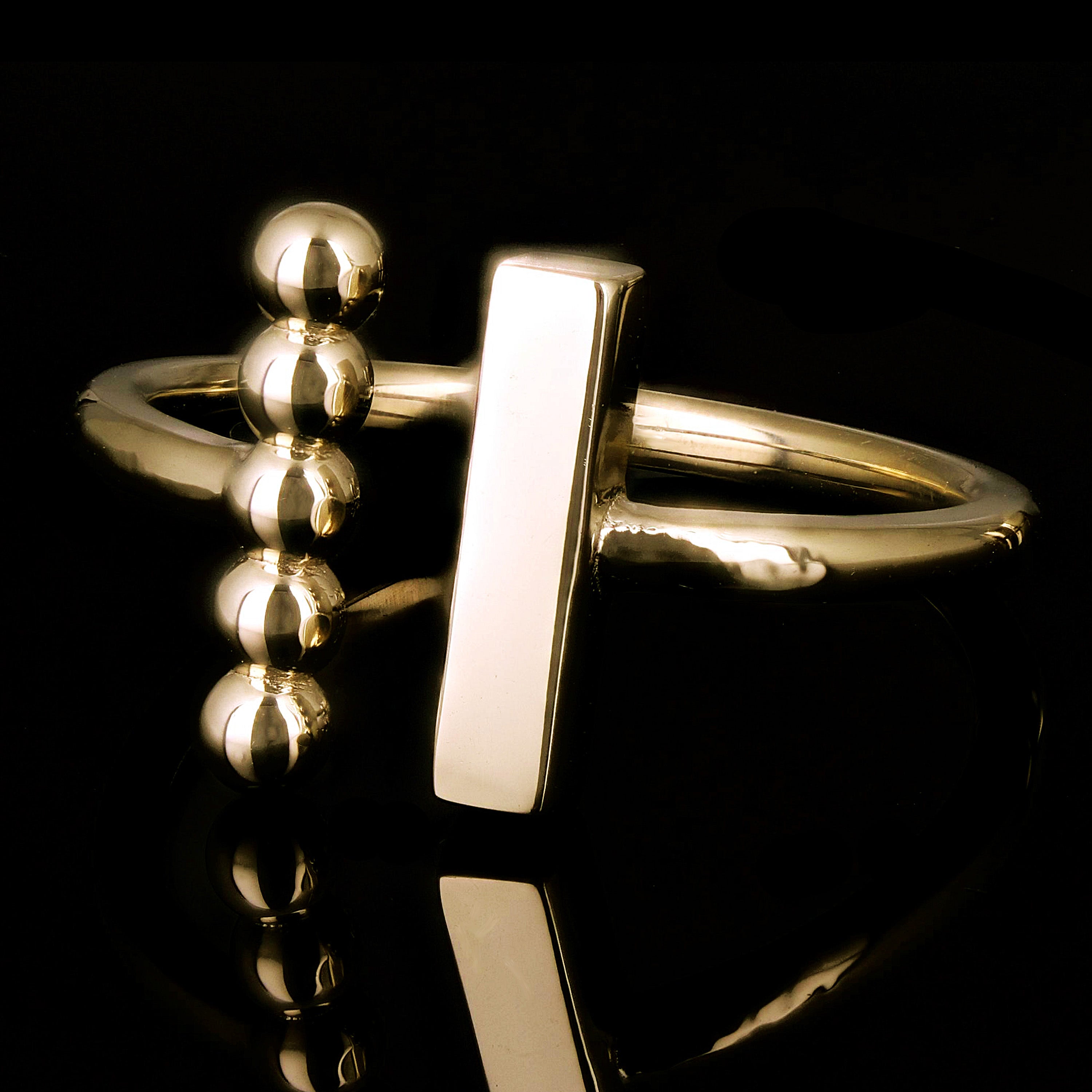 14k Yellow Gold Split Balls & Bar Geometric Minimal Open Ring Size 7.5-3.7 grams