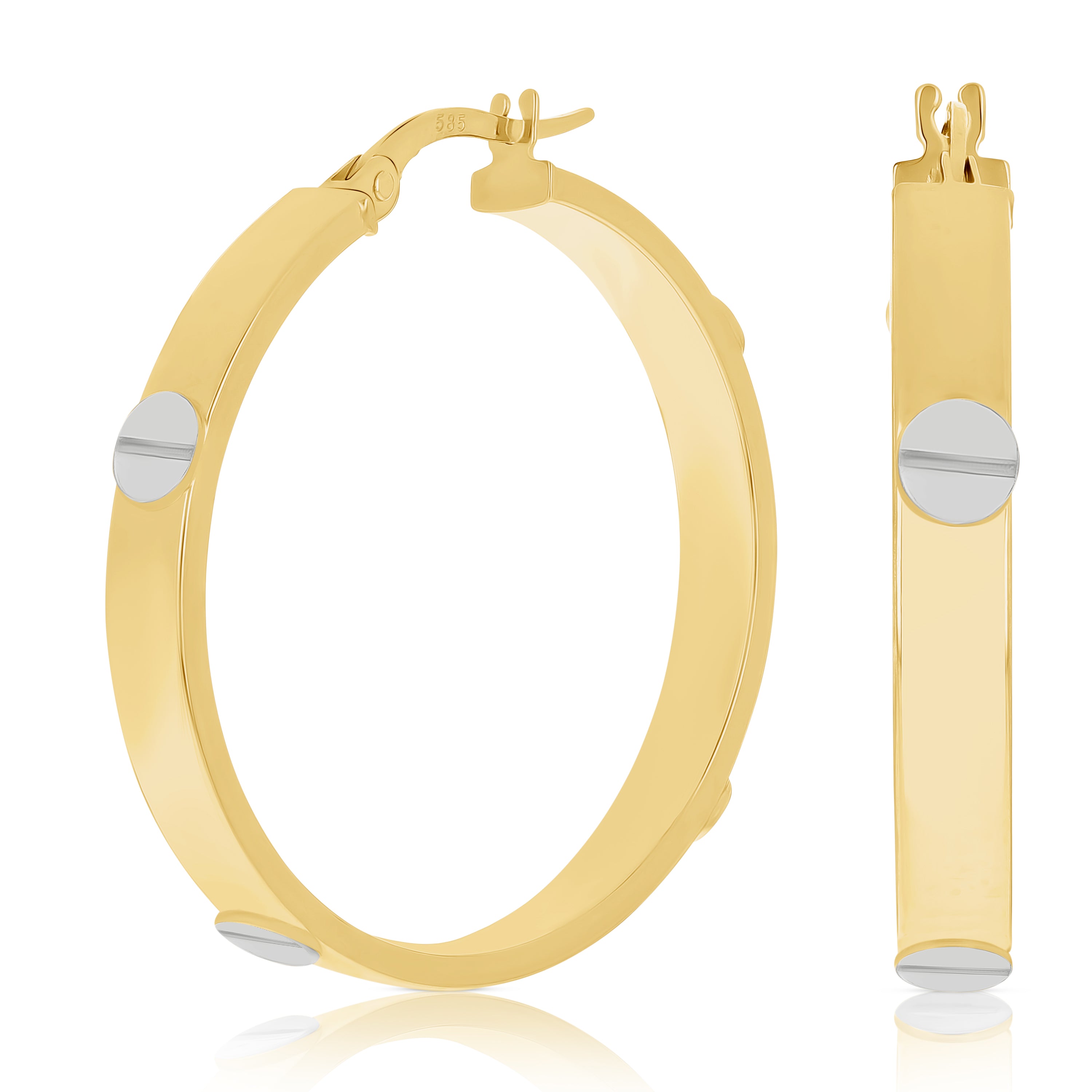 Italian 14k Yellow & White Gold Love Screw Design Small Hollow Hoop Earrings 1" - Style2 Small