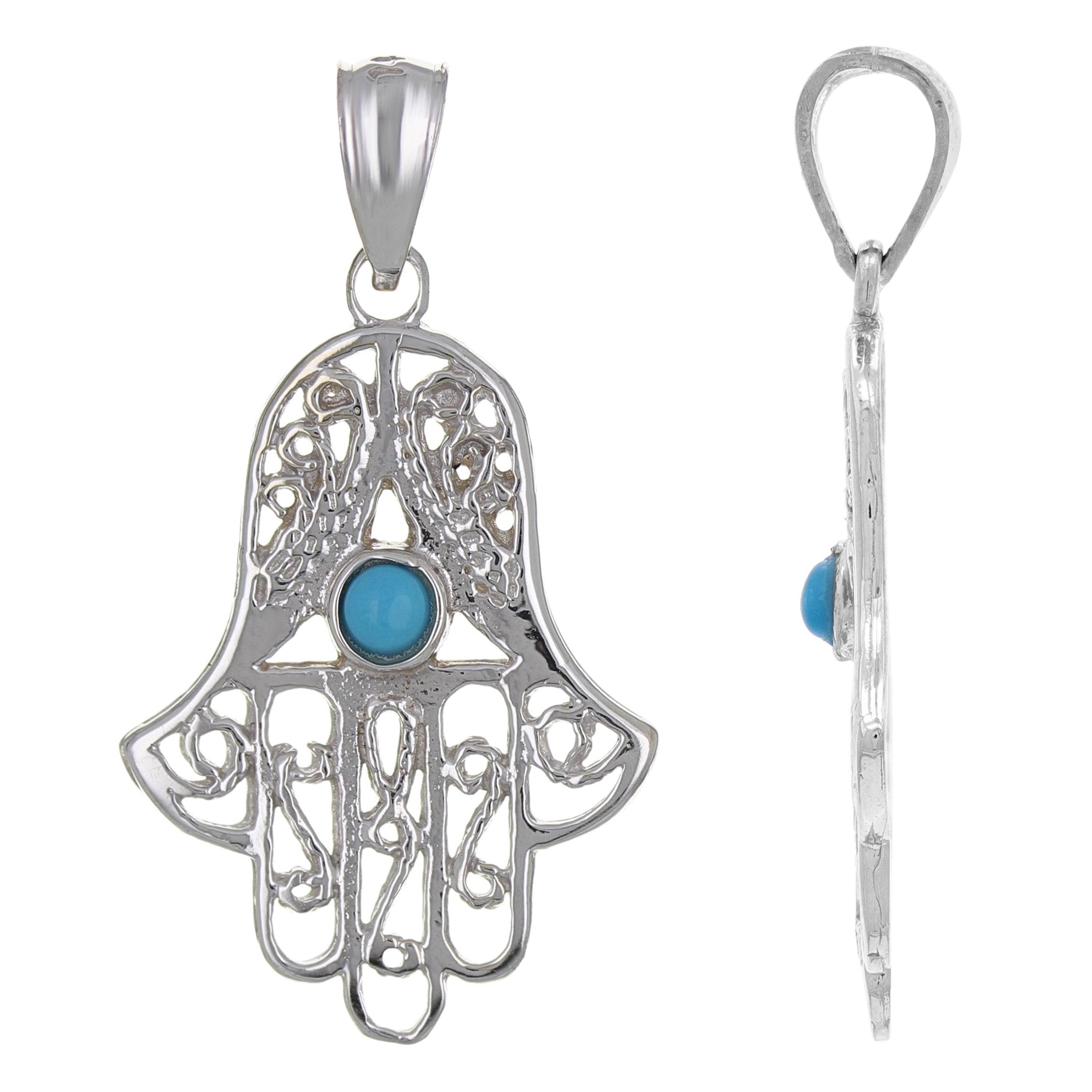 14k White Gold Turquoise Evil Eye Hand Of Fatima Hamsa Charm Pendant 2 grams - White