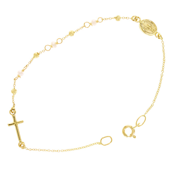 Italian 14k Yellow Gold Ball Beads Miraculous Medal Rosary Bracelet 7