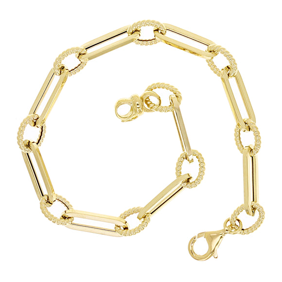 Italian 14k Yellow Gold Oval Twisted & Paper Clip Link Bracelet 7.75