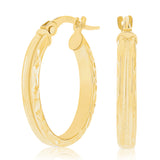 Italian 14k Yellow Gold Polished Diamond Cut & Brushed Finish Oval Hoop Earrings