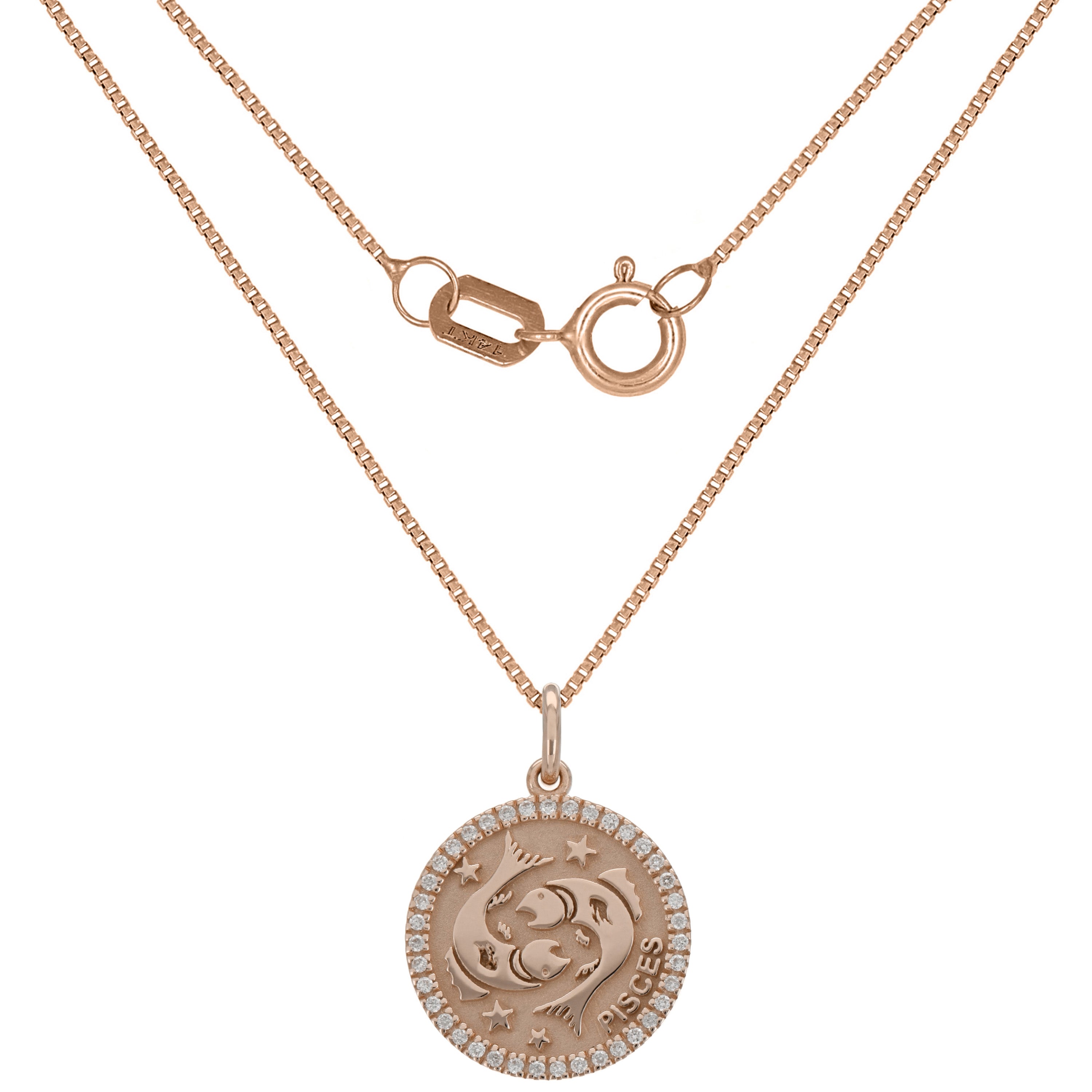 14k Rose Gold  Diamond Zodiac Sign Pisces Pendant Necklace 18" - Pisces,Rose