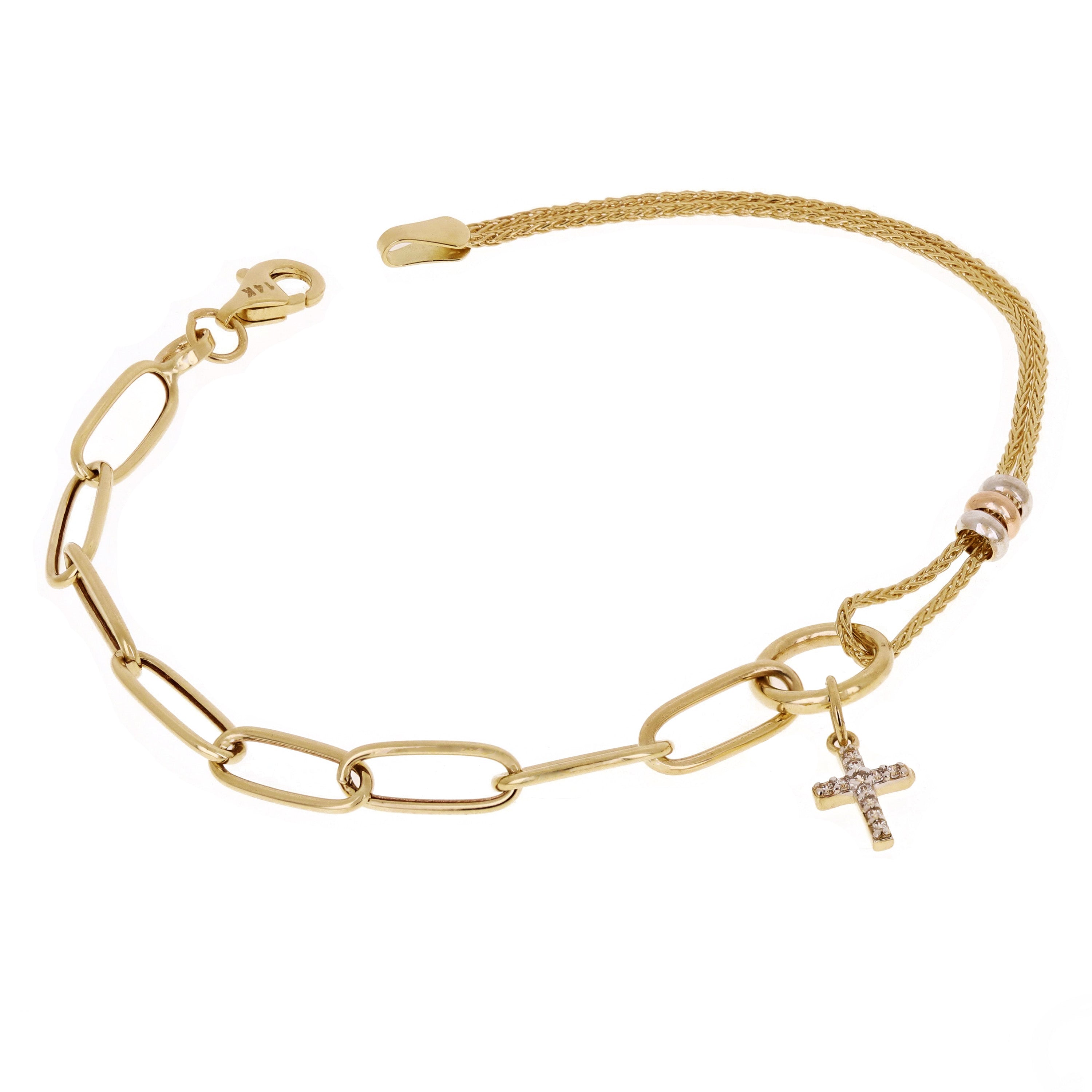 Italian 14k Tri-Color Gold Cross Charm Bracelet 7.5" 3 grams