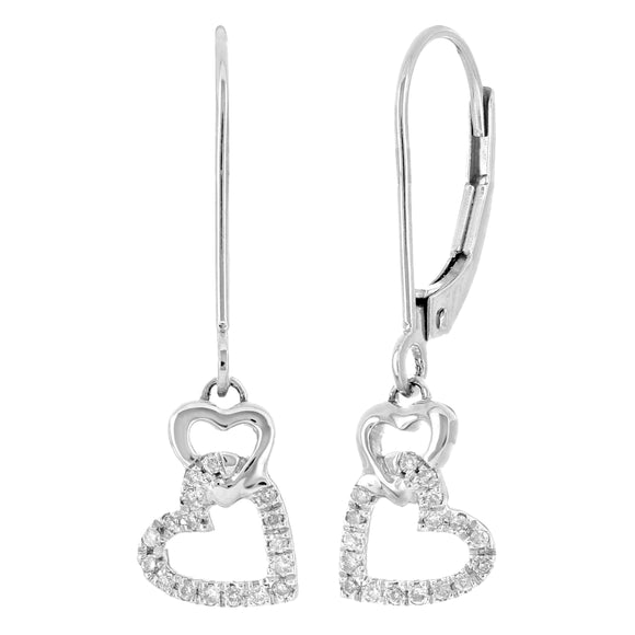 14k White Gold Diamond Accent Pave Heart Charm Hoop Earrings