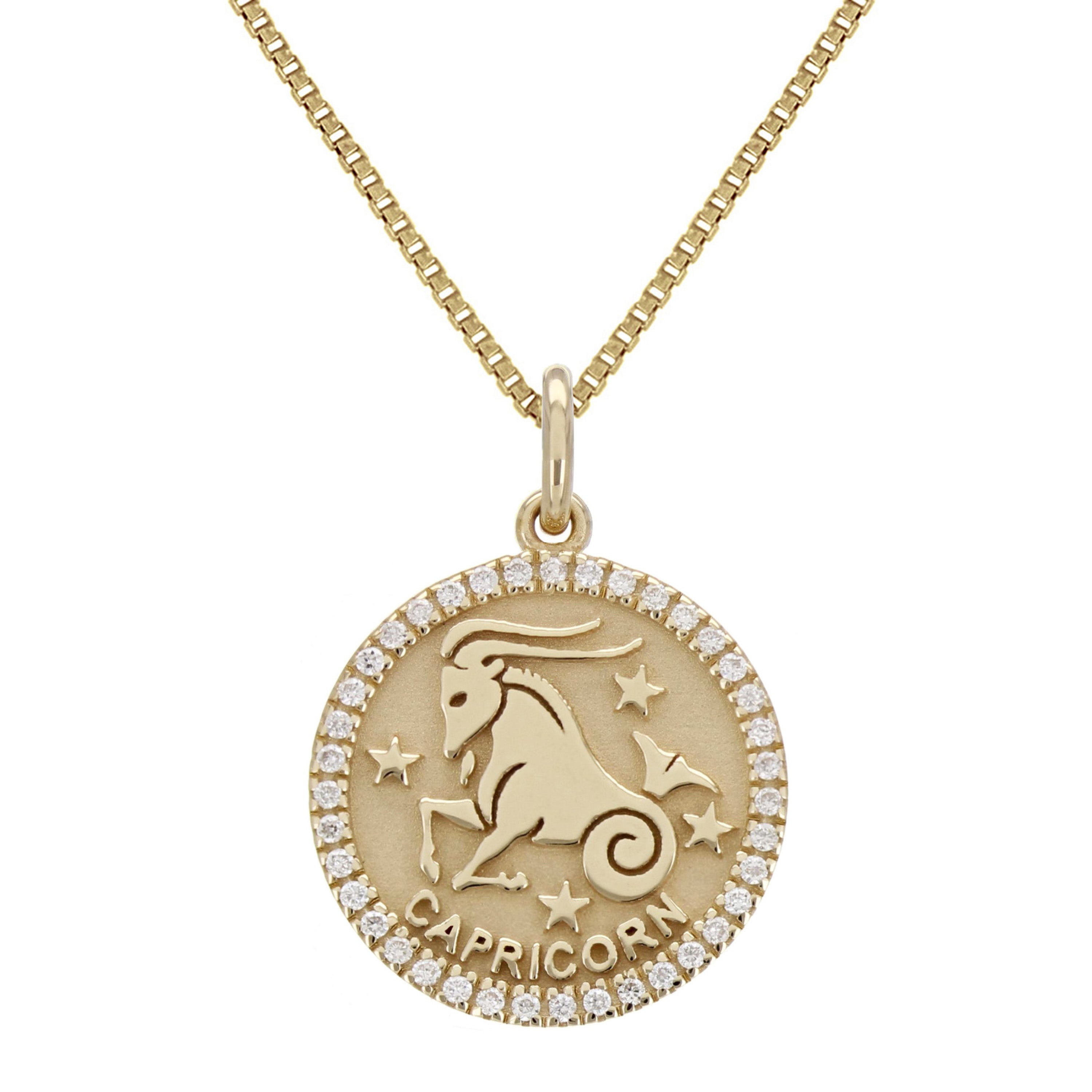 14k Yellow Gold Diamond Zodiac Sign Capricorn Pendant Necklace 18" - Capricorn,Yellow