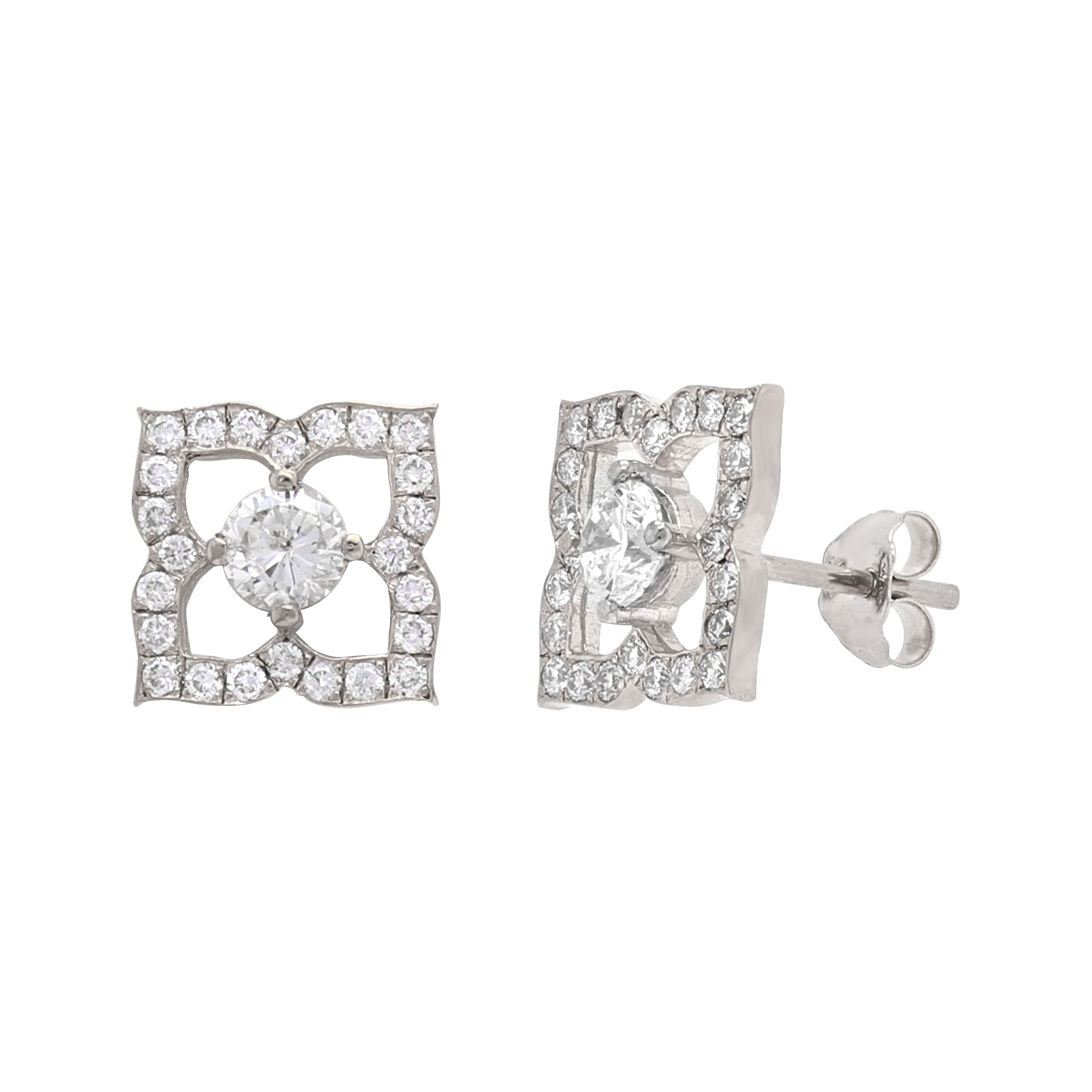 14k White Gold 1ctw Diamond Solitaire Blooming Flower Stud Earrings - White