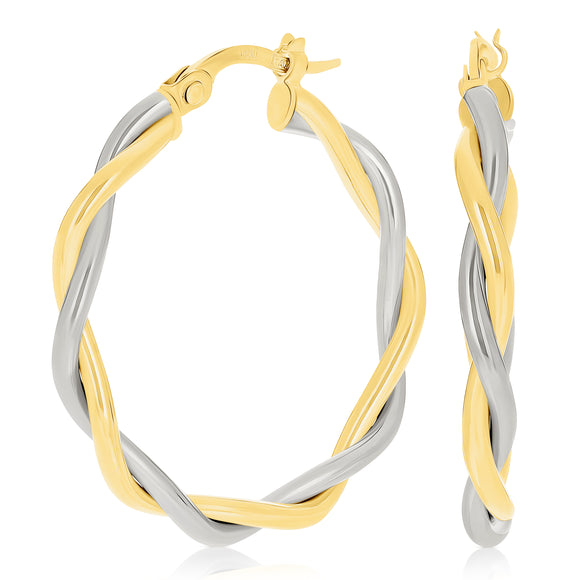 Italian 14k Yellow & White Gold Polished Twisted Medium Hollow Hoop Earrings