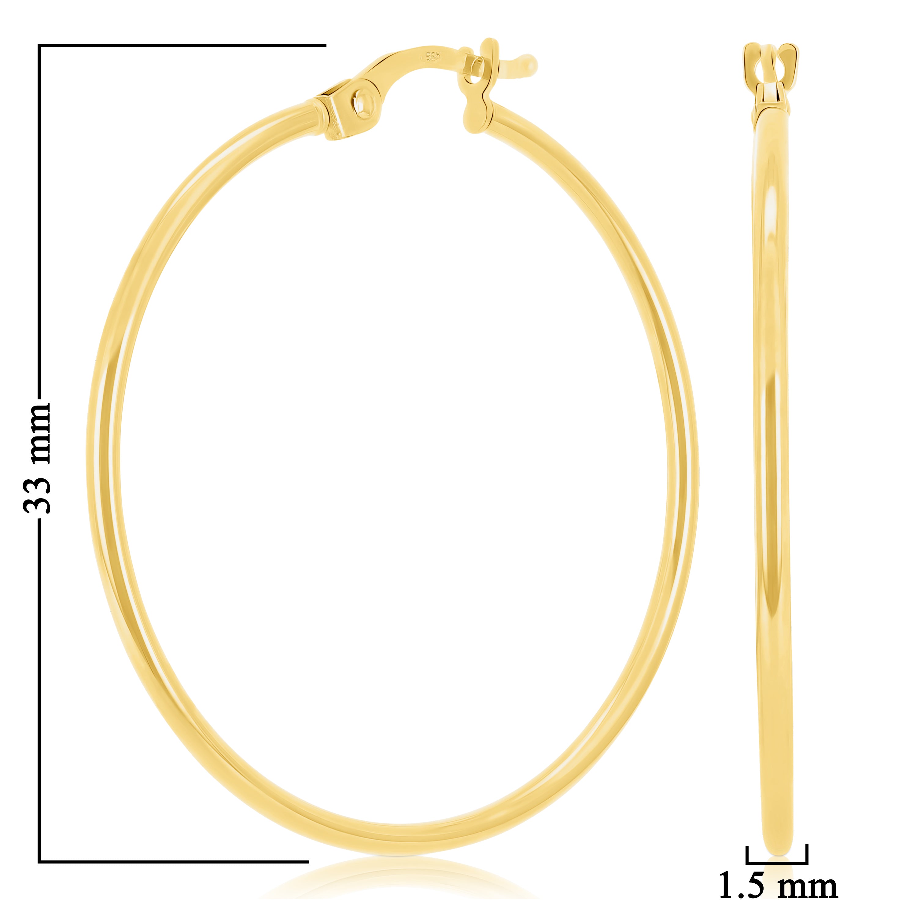 Italian 14k Yellow Gold Hollow High Polish Round Hoop Earrings 1.4" 1.5mm 1.3g