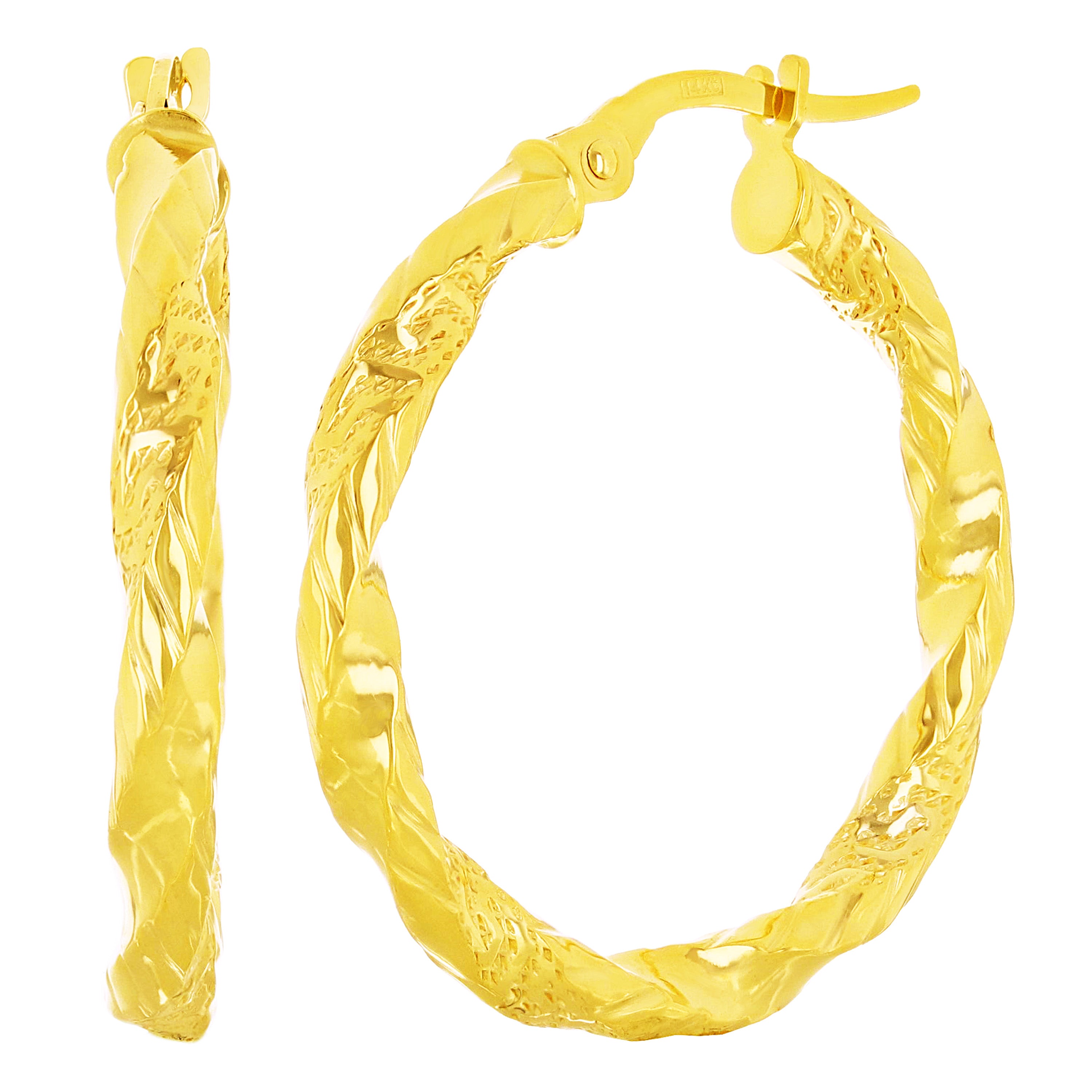 Italian 14k Yellow Gold Diamond Cut Twisted Hoop Earrings 1.1" 3mm 2.1 grams