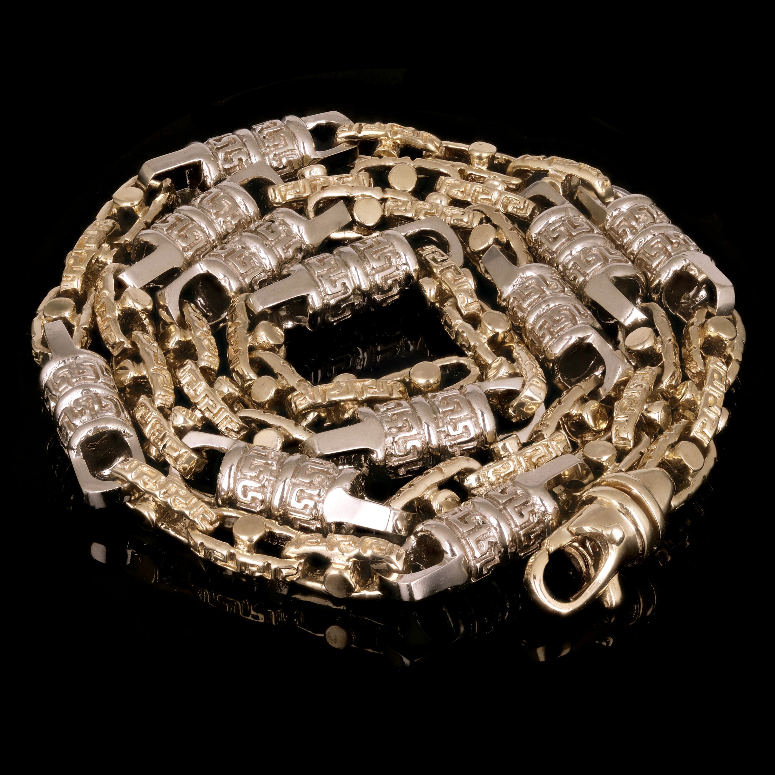 10k Yellow & White Gold Greek Barrell & Links Gold Necklace 20" 7.5mm 72.7 grams - 20" 72.7 grams