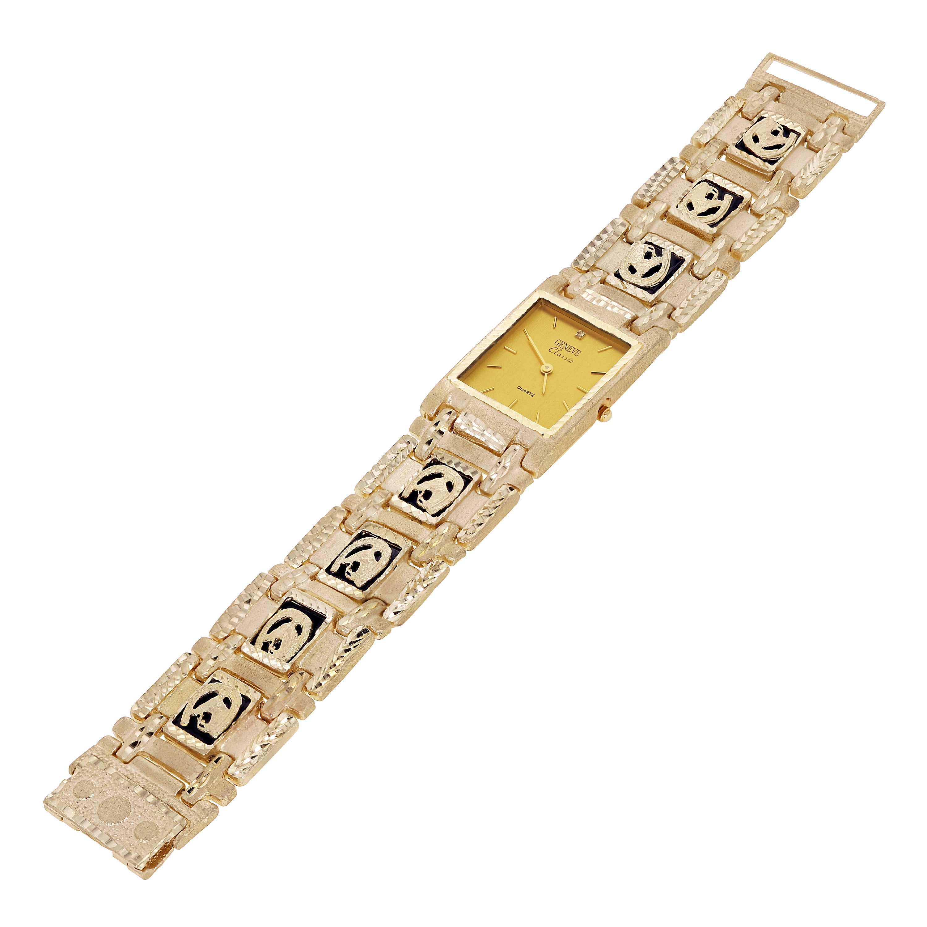 10k Yellow Gold Horse Shoe Black Onyx Bracelet Geneve Diamond Watch 7.5" 66.8g - Gold Facelate 7.5"